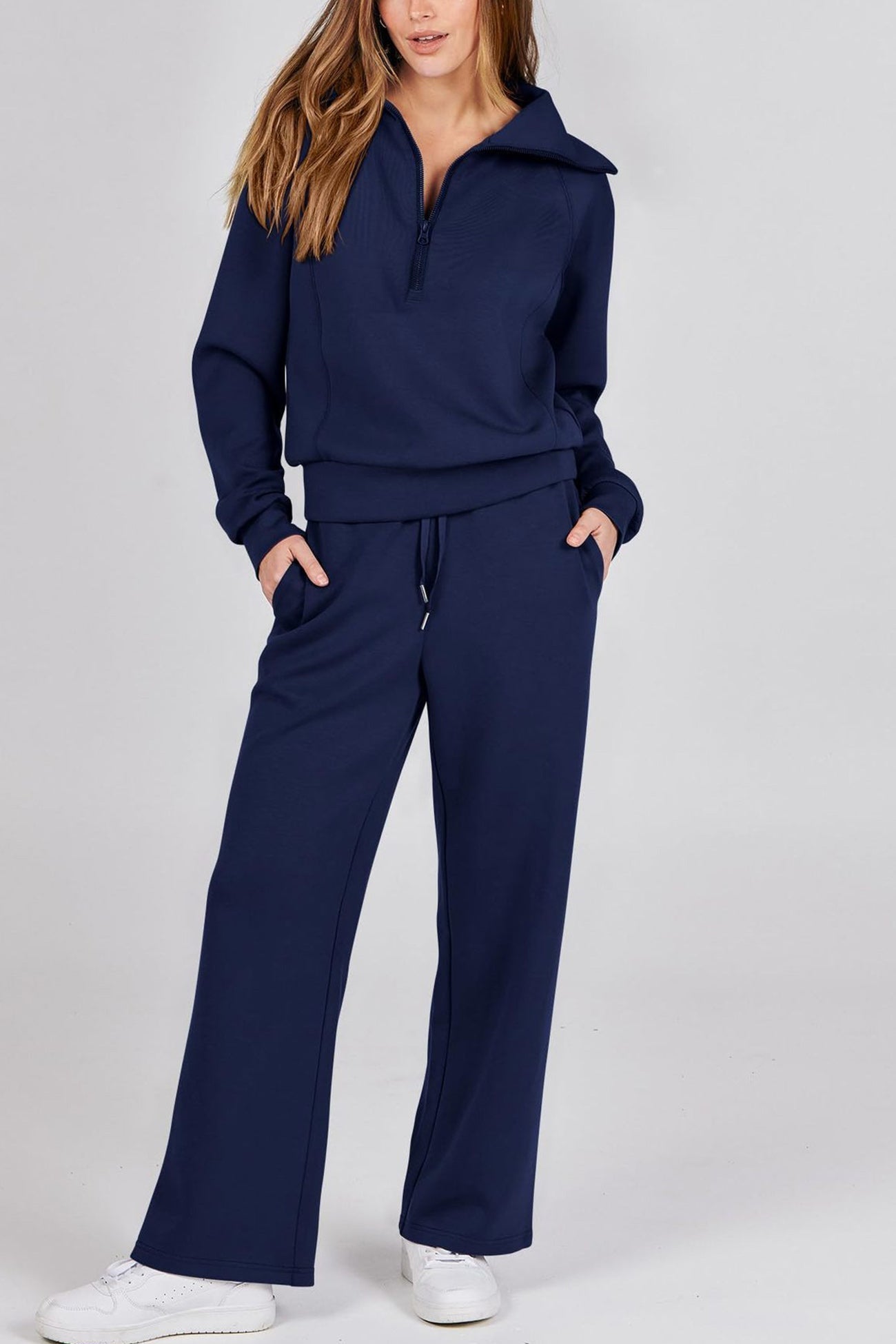 Doris® | Wide leg long pants set with lapel zip sweatshirt