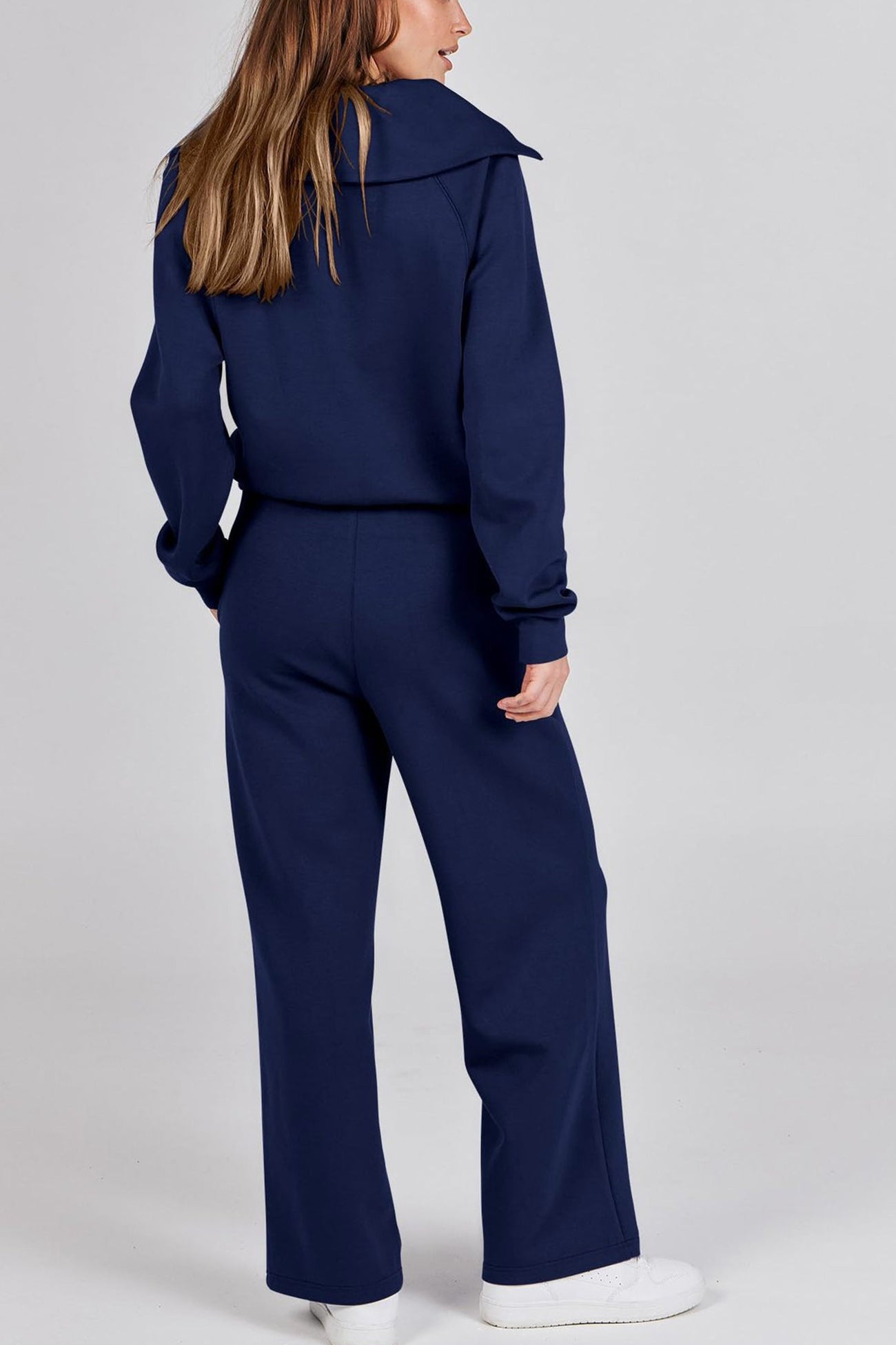 Doris® | Wide leg long pants set with lapel zip sweatshirt