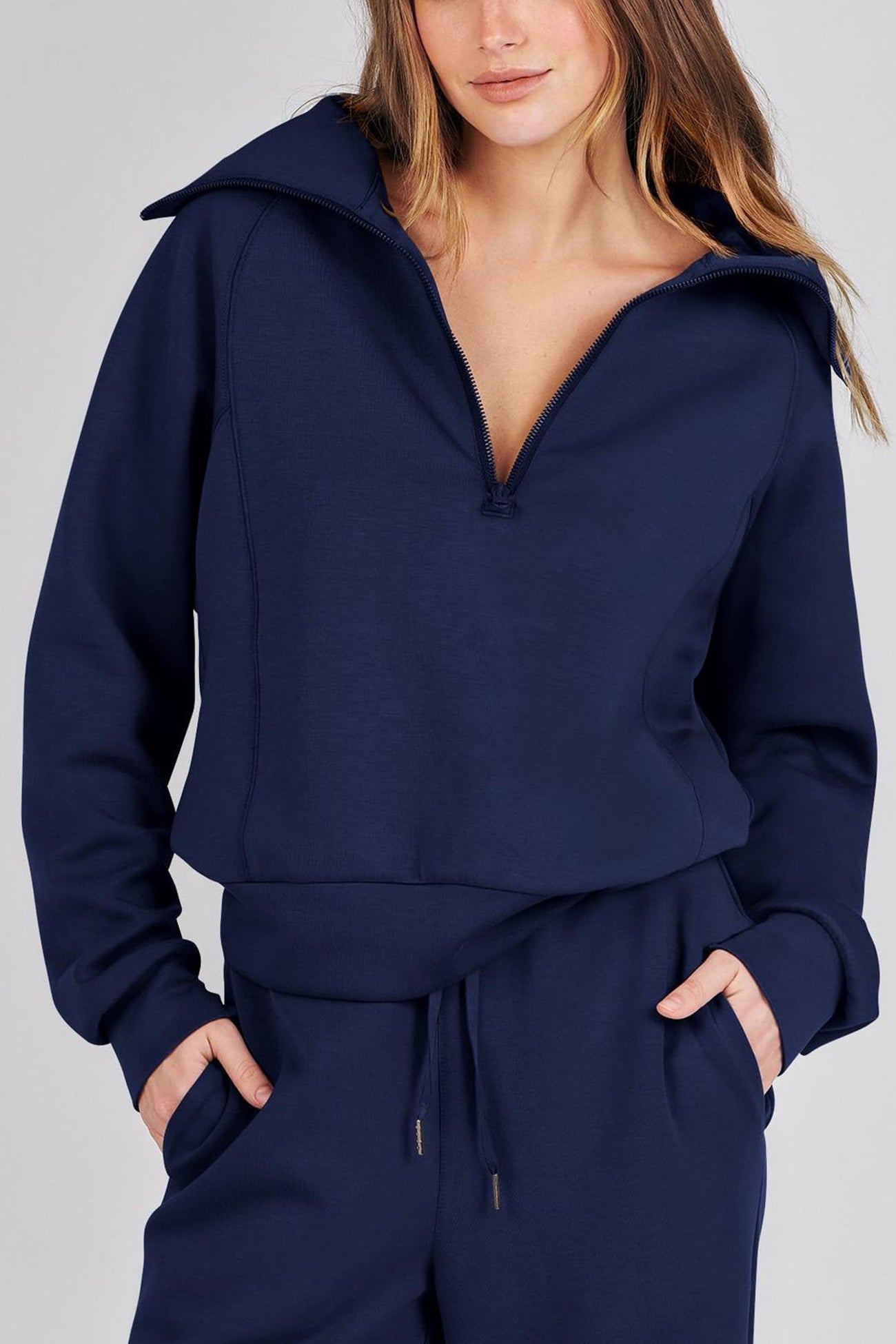 Doris® | Wide leg long pants set with lapel zip sweatshirt