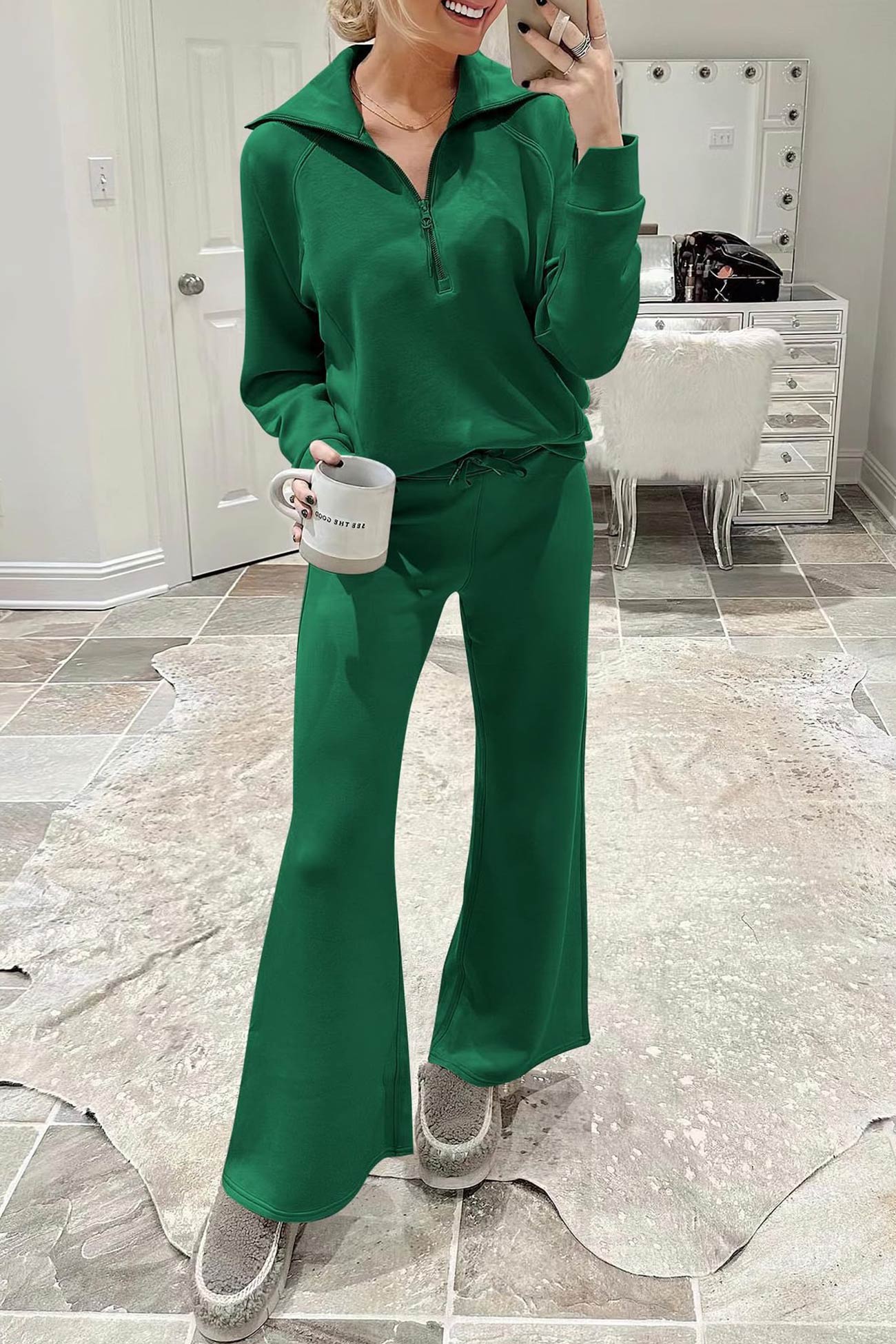 Doris® | Wide leg long pants set with lapel zip sweatshirt