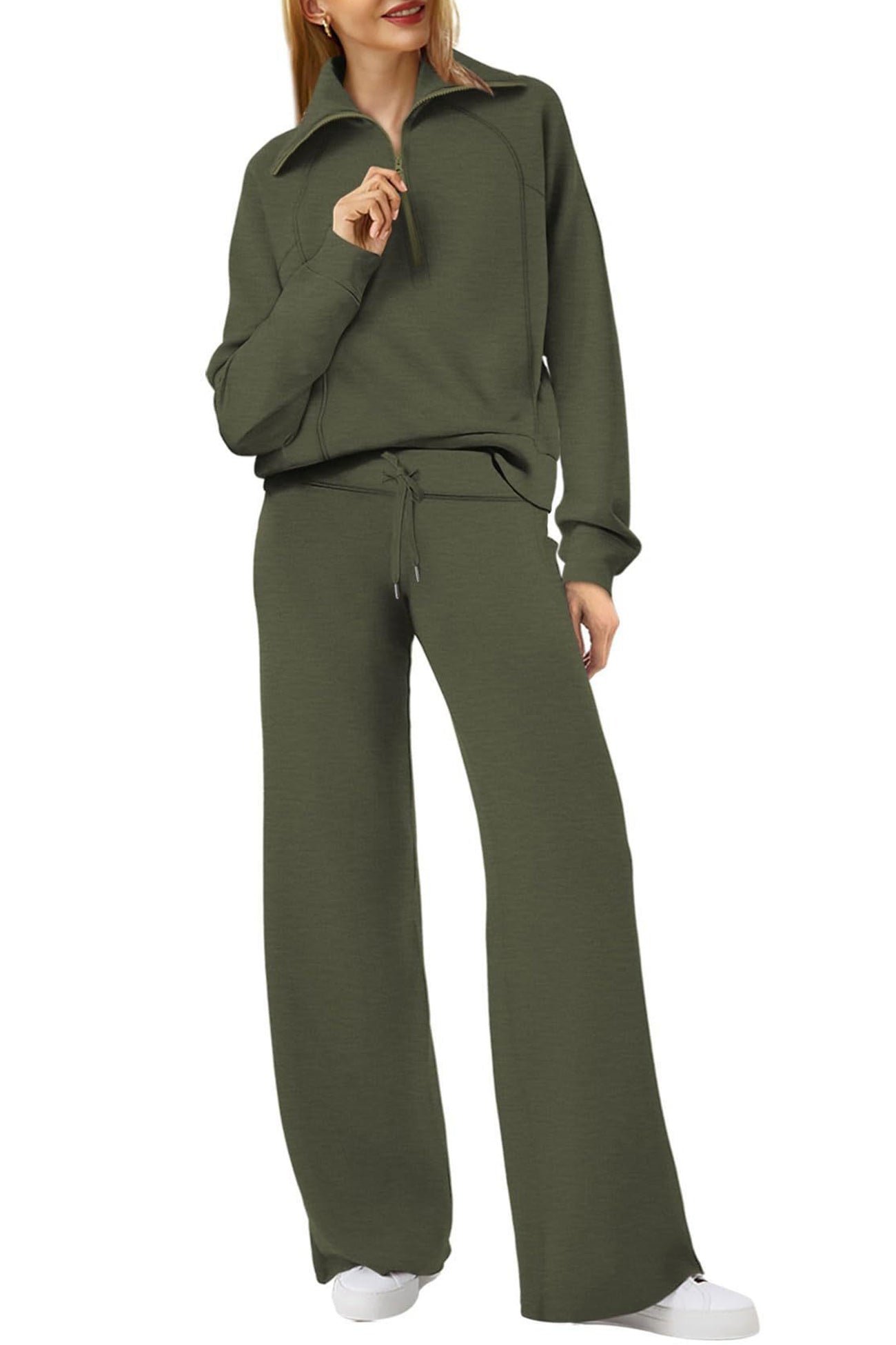 Doris® | Wide leg long pants set with lapel zip sweatshirt