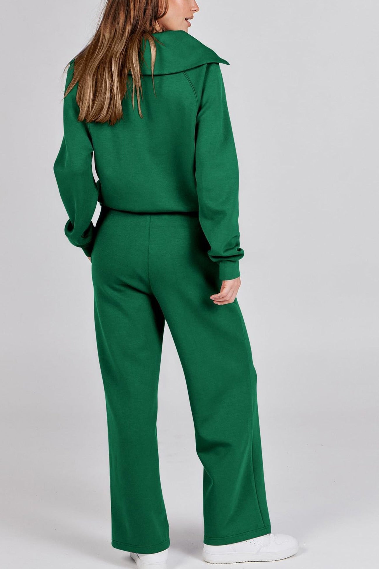 Doris® | Wide leg long pants set with lapel zip sweatshirt