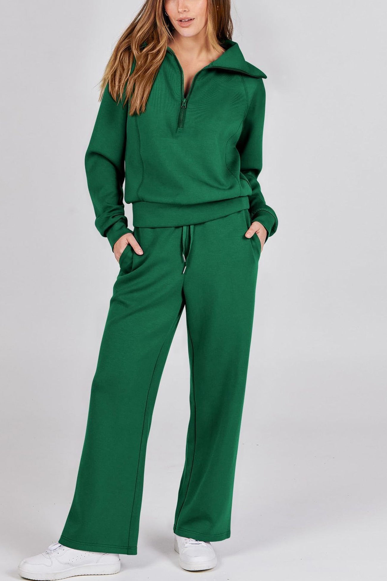 Doris® | Wide leg long pants set with lapel zip sweatshirt