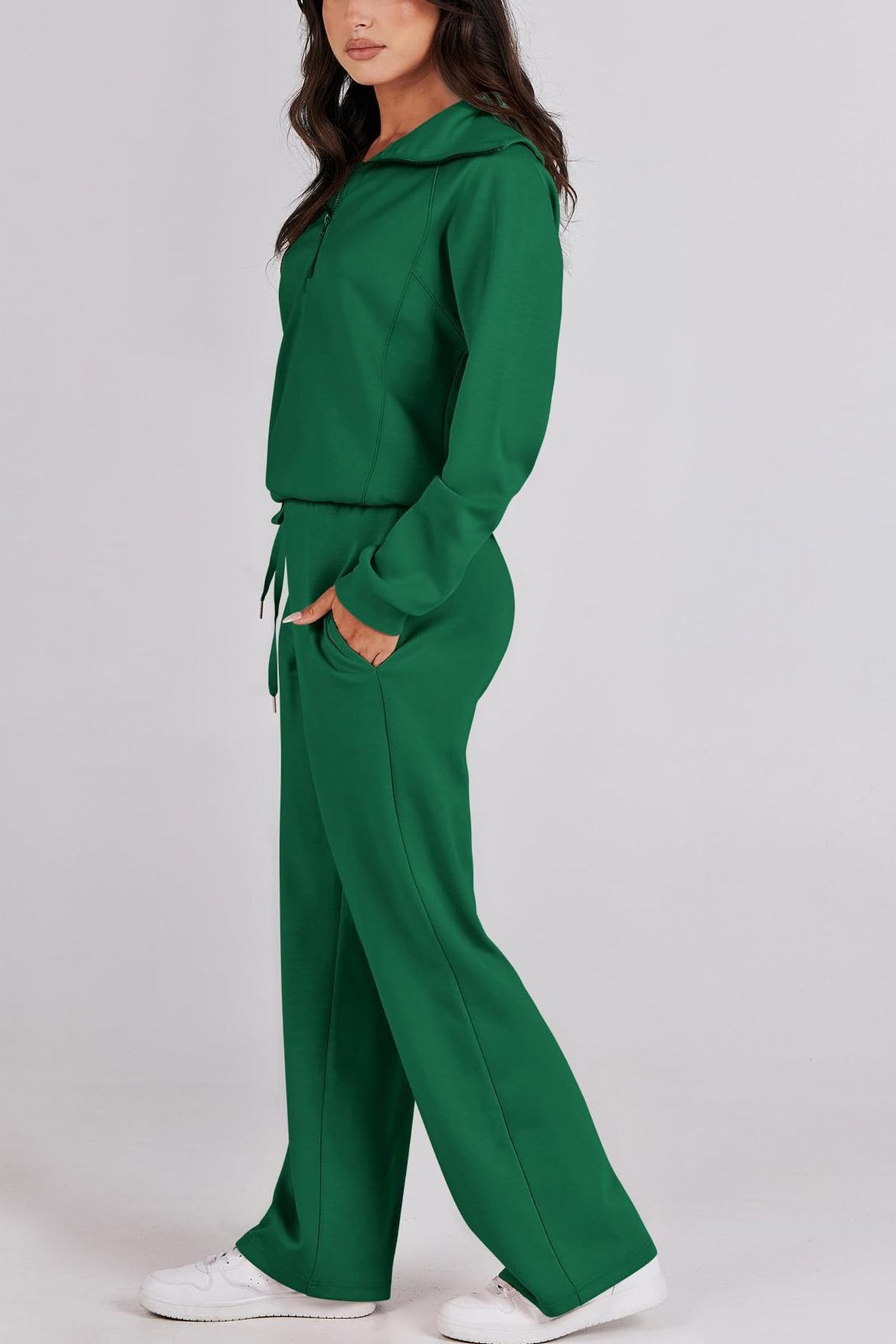 Doris® | Wide leg long pants set with lapel zip sweatshirt