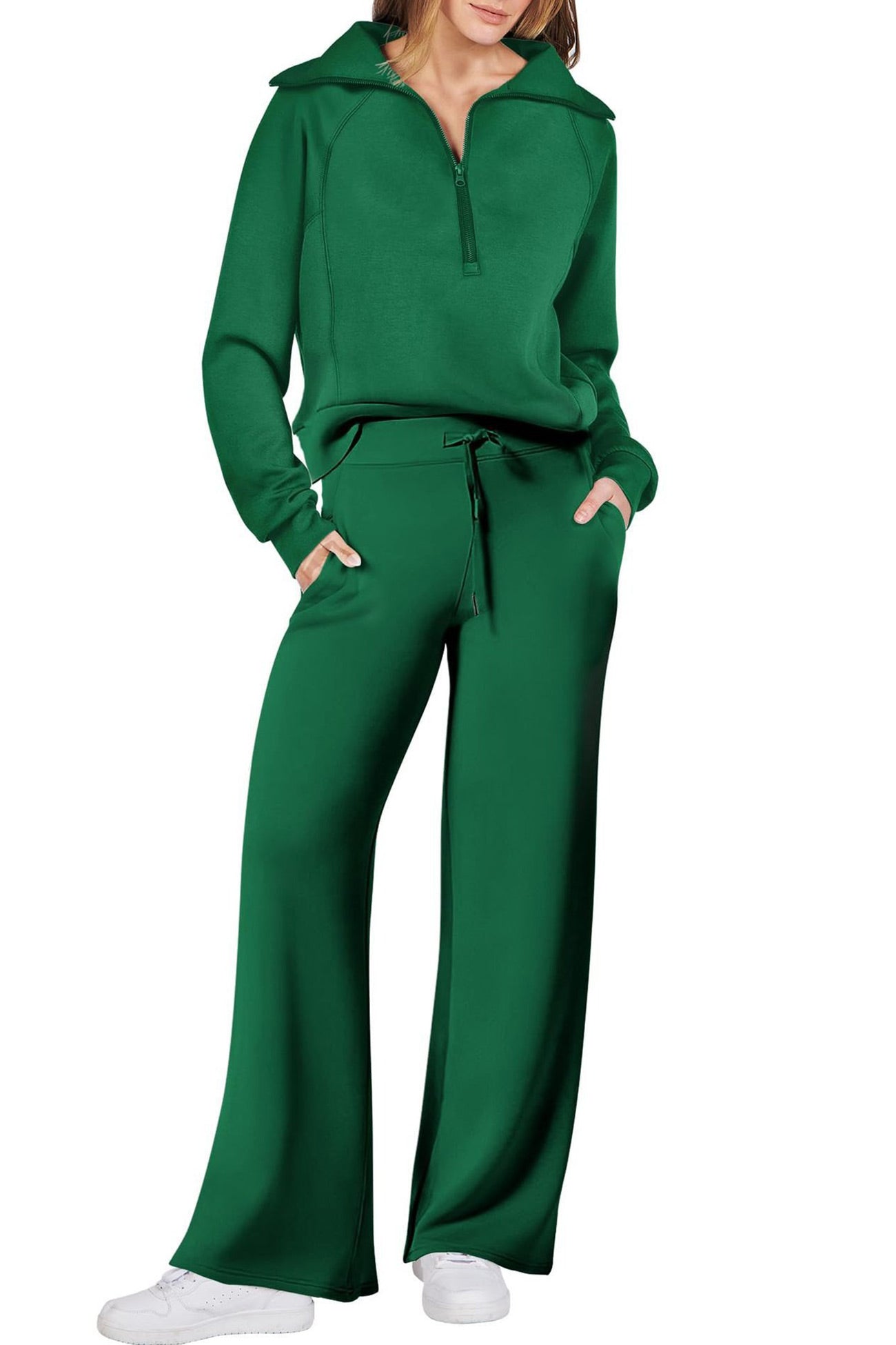 Doris® | Wide leg long pants set with lapel zip sweatshirt