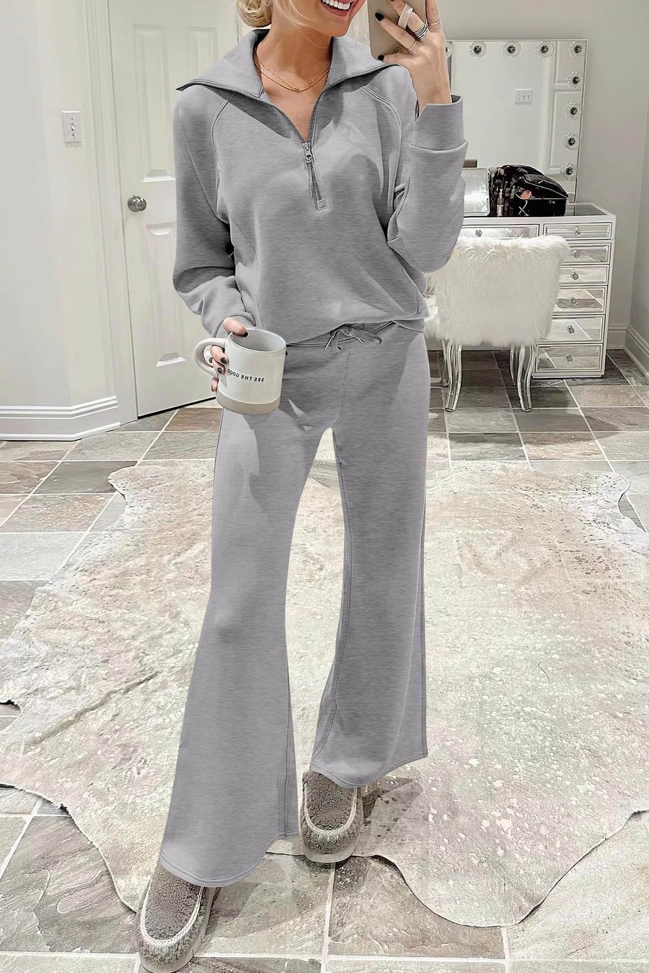 Doris® | Wide leg long pants set with lapel zip sweatshirt