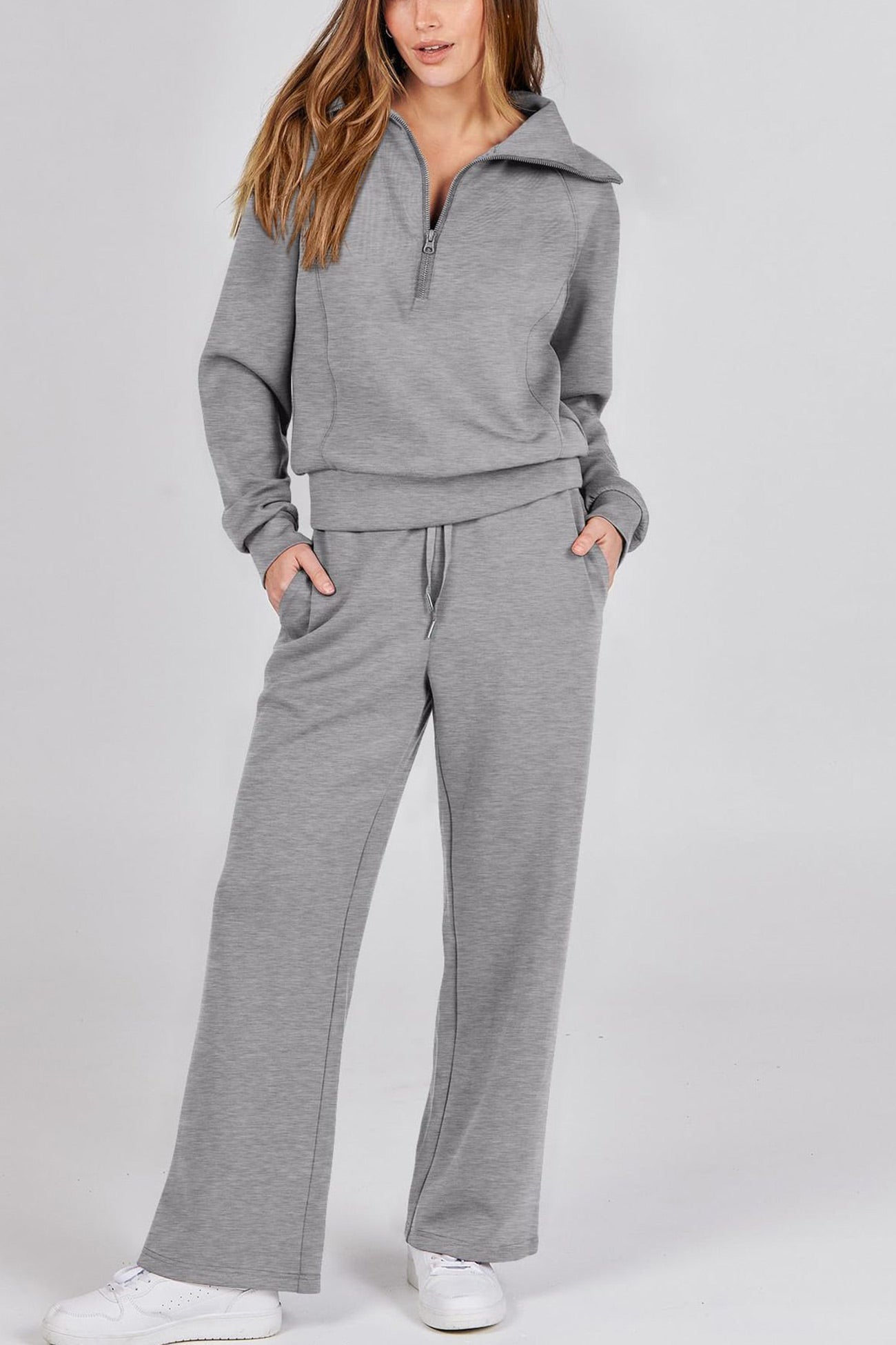 Doris® | Wide leg long pants set with lapel zip sweatshirt