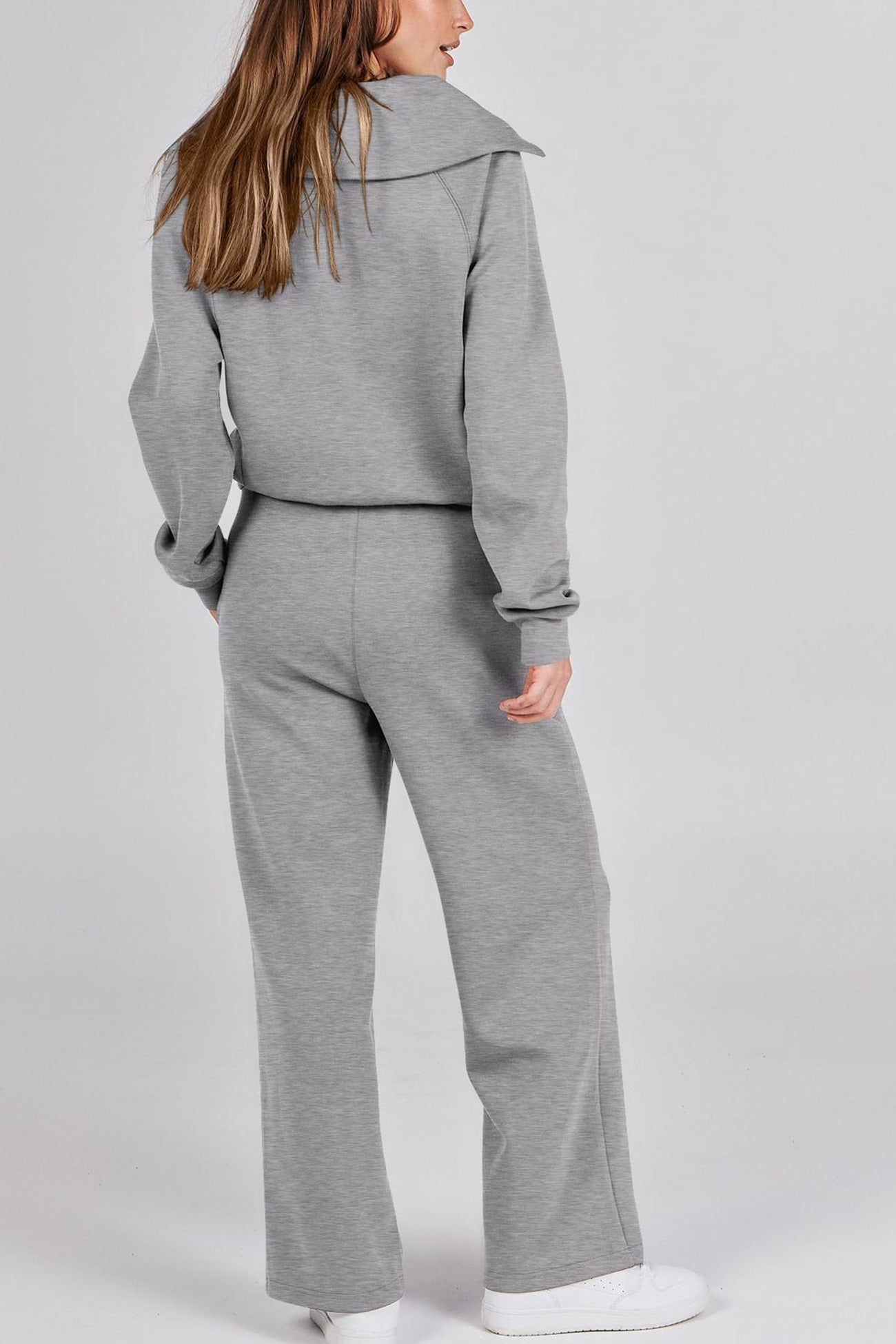Doris® | Wide leg long pants set with lapel zip sweatshirt