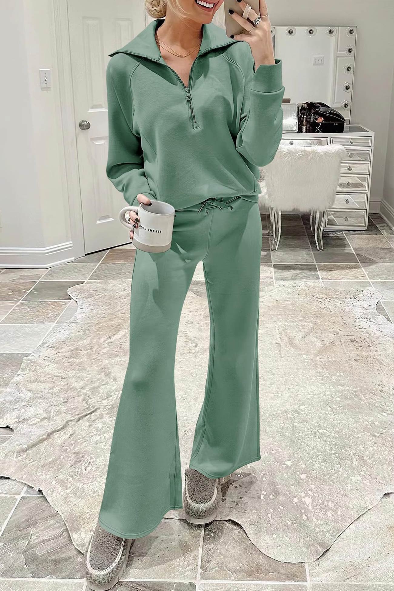 Doris® | Wide leg long pants set with lapel zip sweatshirt