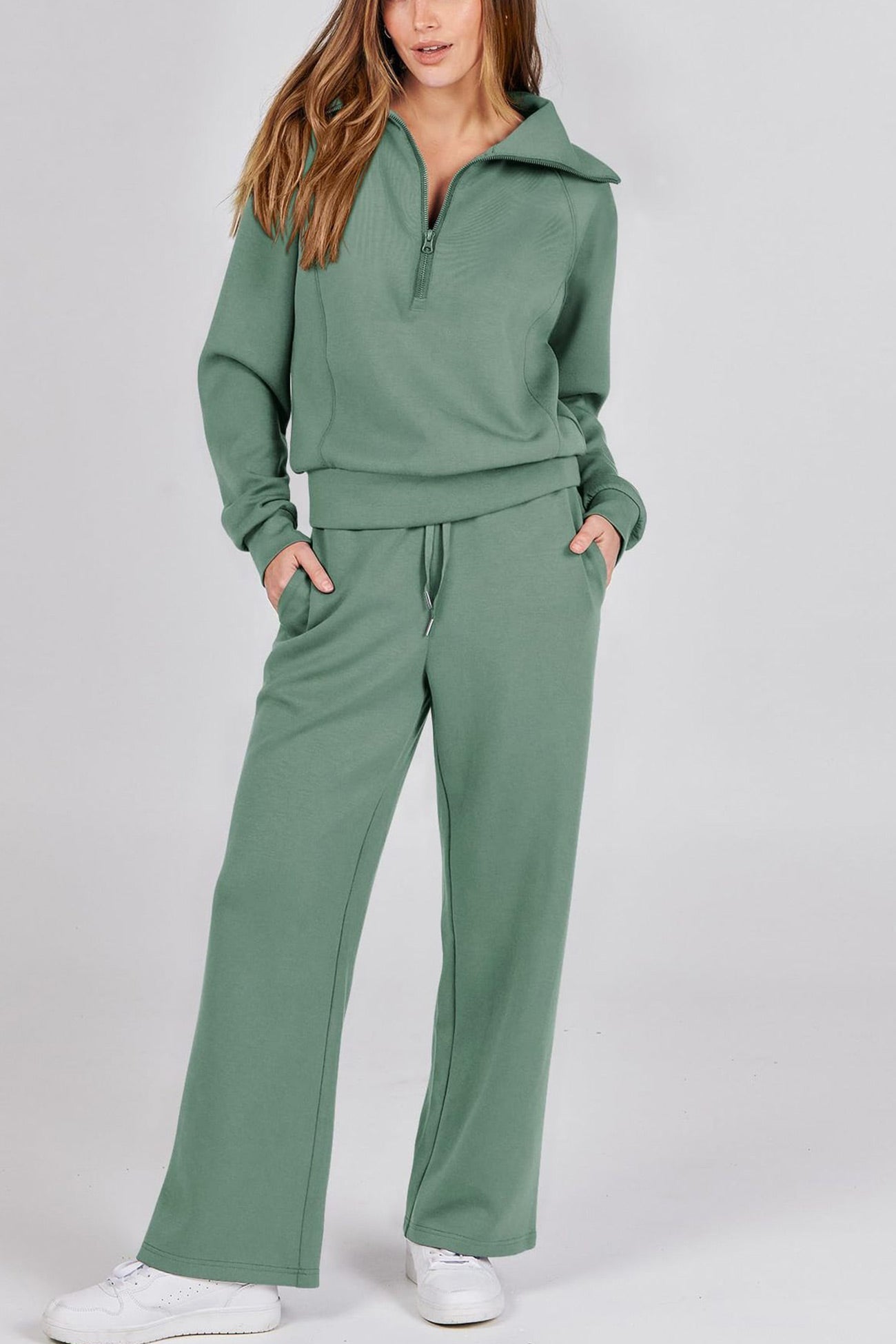 Doris® | Wide leg long pants set with lapel zip sweatshirt