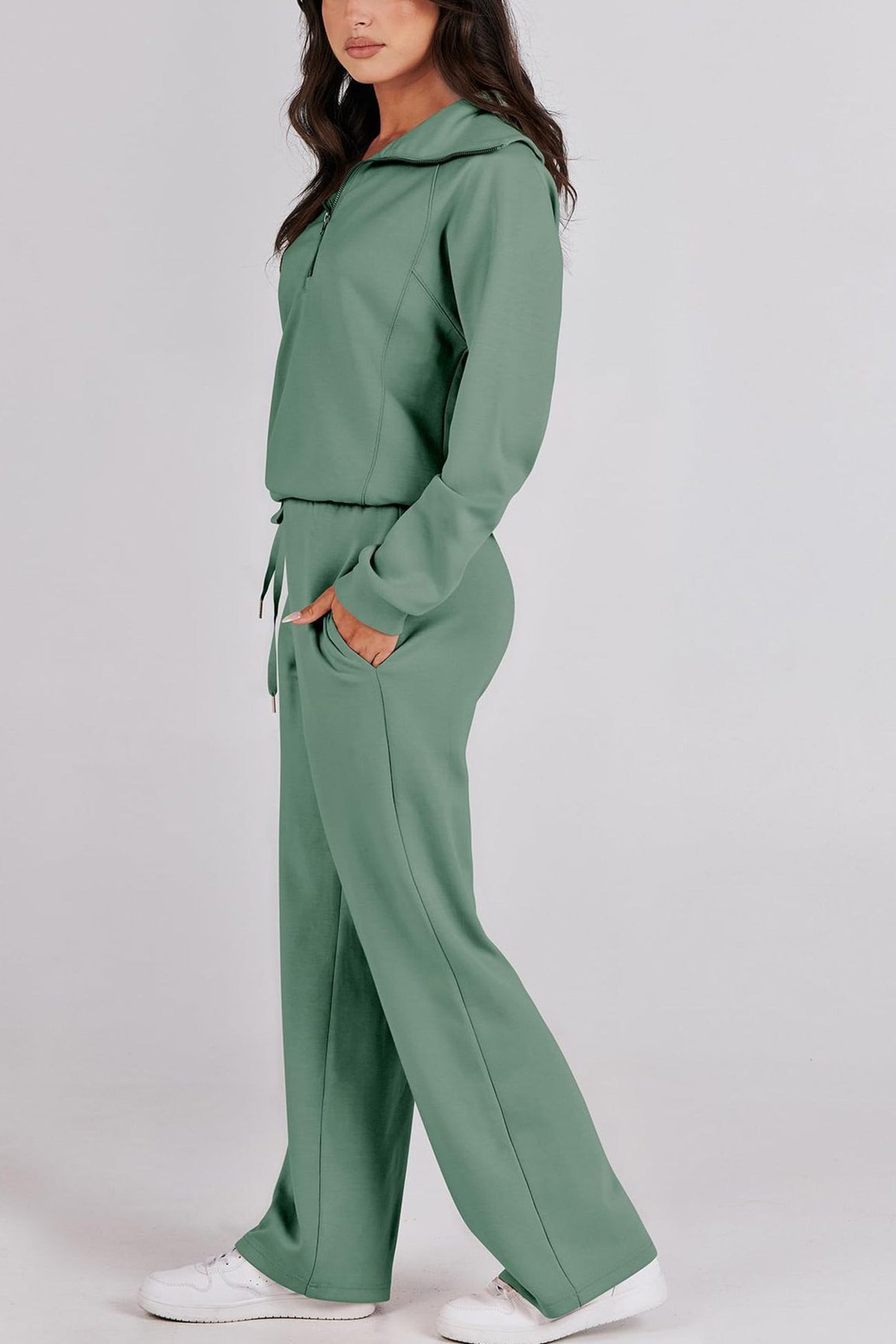 Doris® | Wide leg long pants set with lapel zip sweatshirt