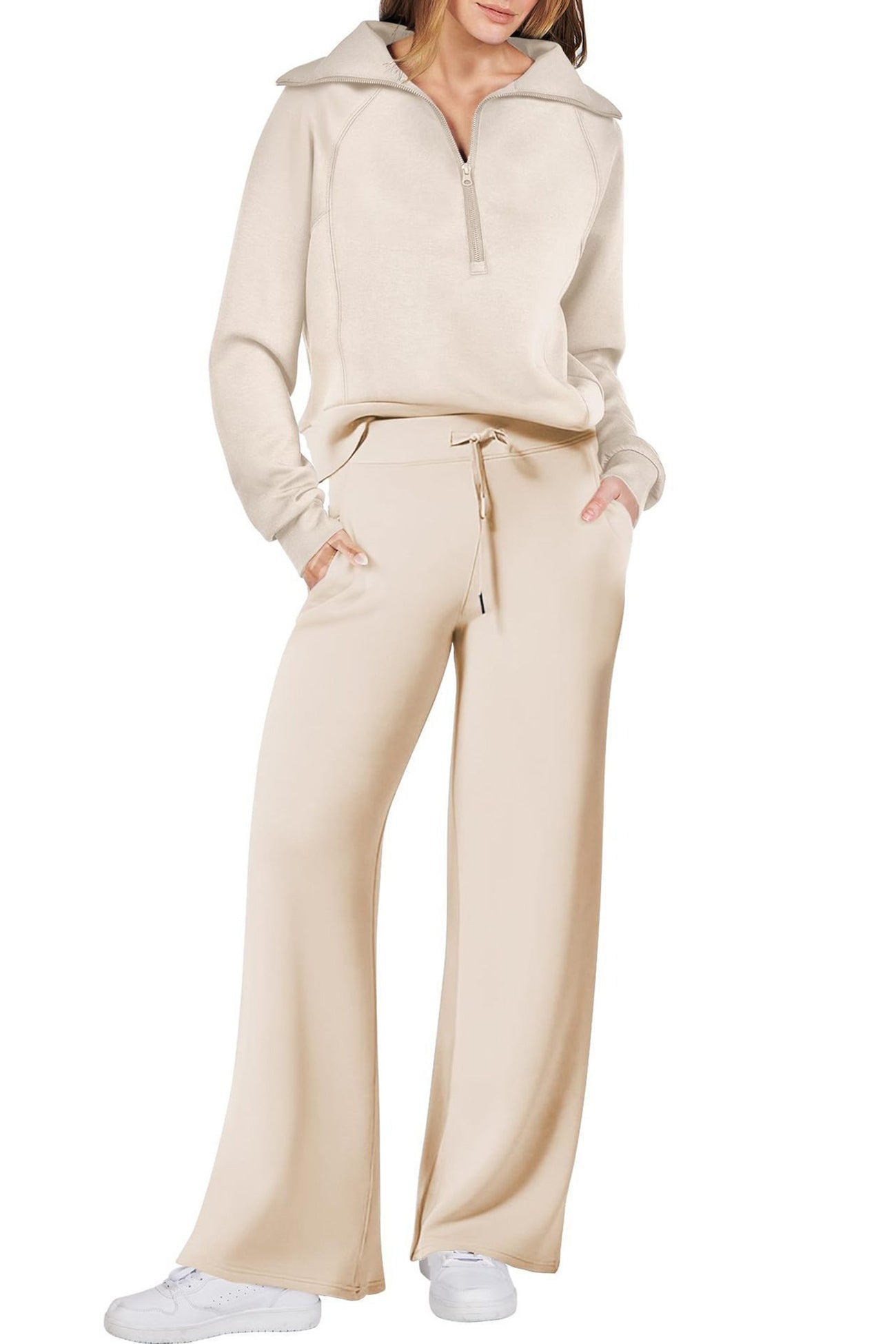 Doris® | Wide leg long pants set with lapel zip sweatshirt