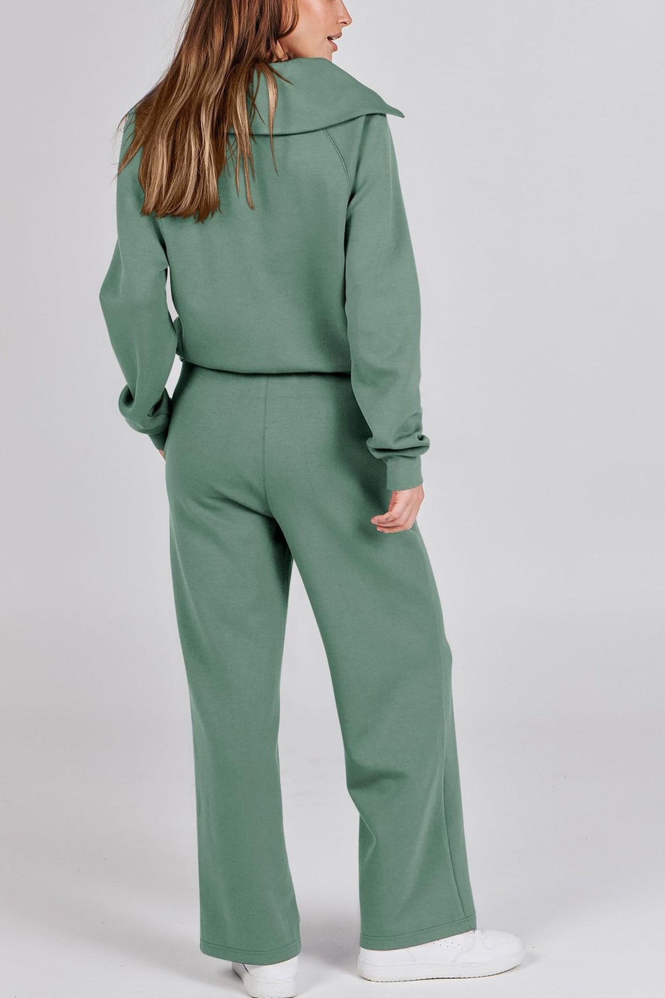 Doris® | Wide leg long pants set with lapel zip sweatshirt