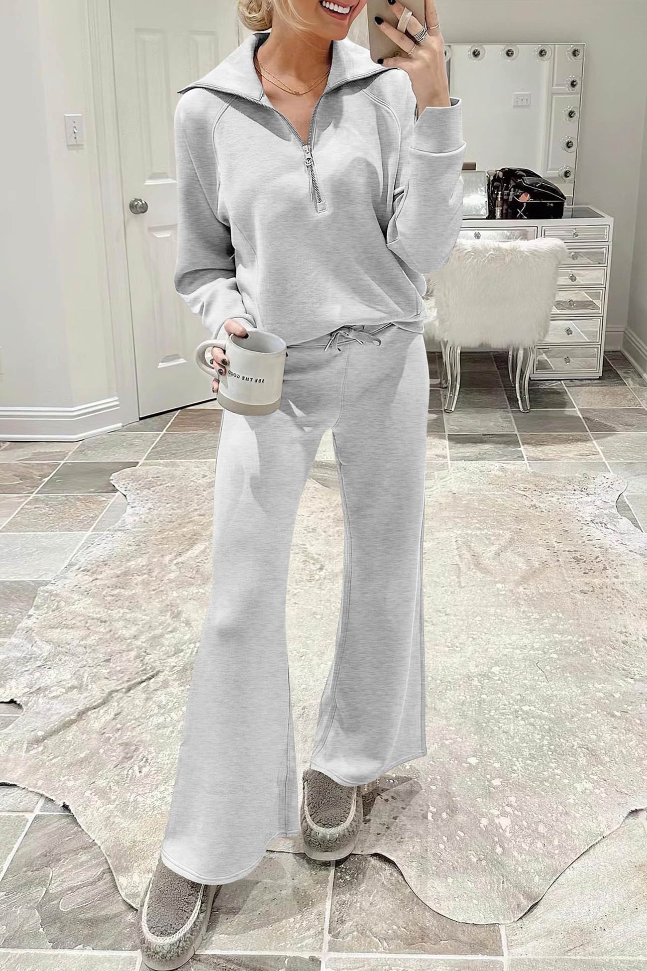 Doris® | Wide leg long pants set with lapel zip sweatshirt
