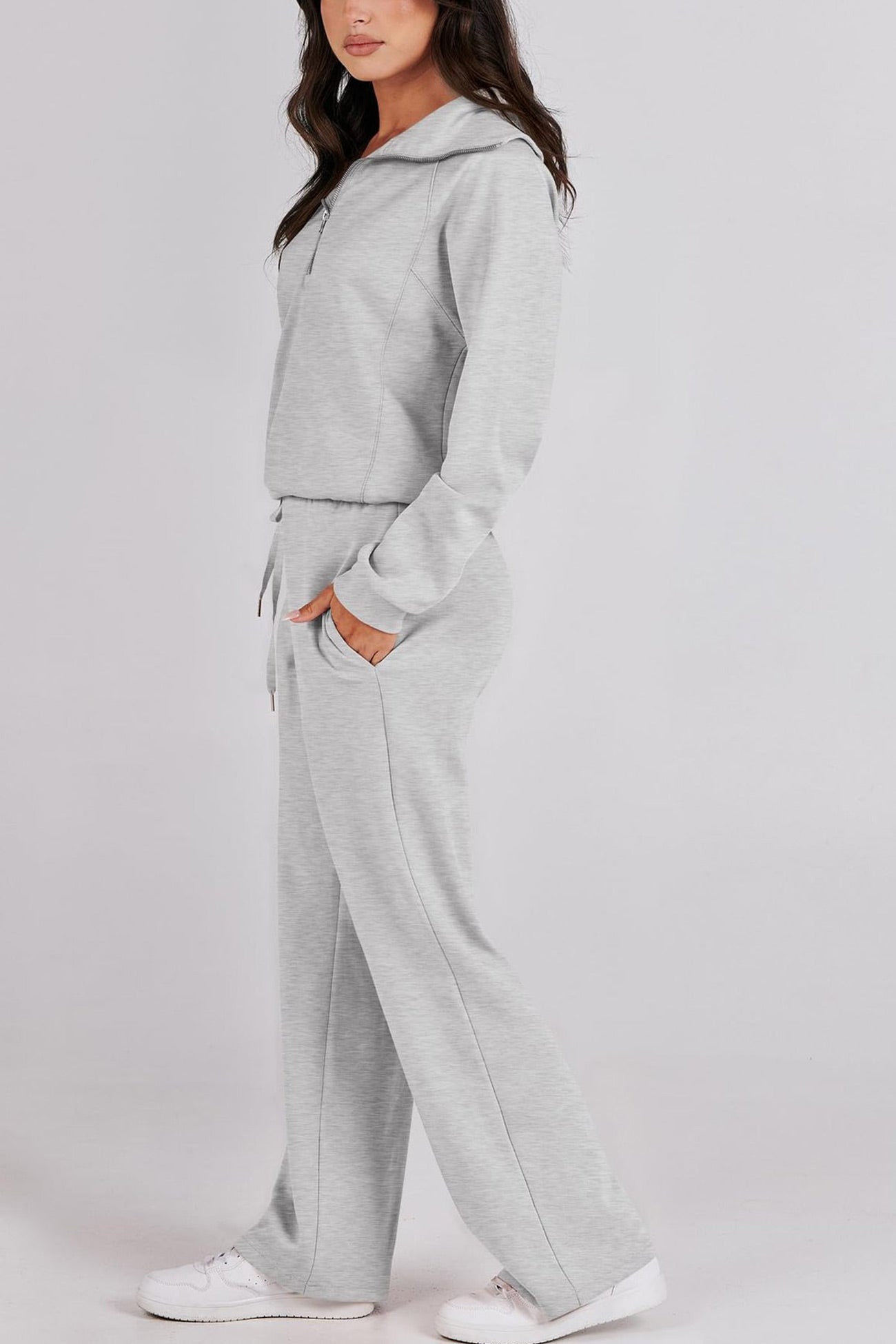 Doris® | Wide leg long pants set with lapel zip sweatshirt