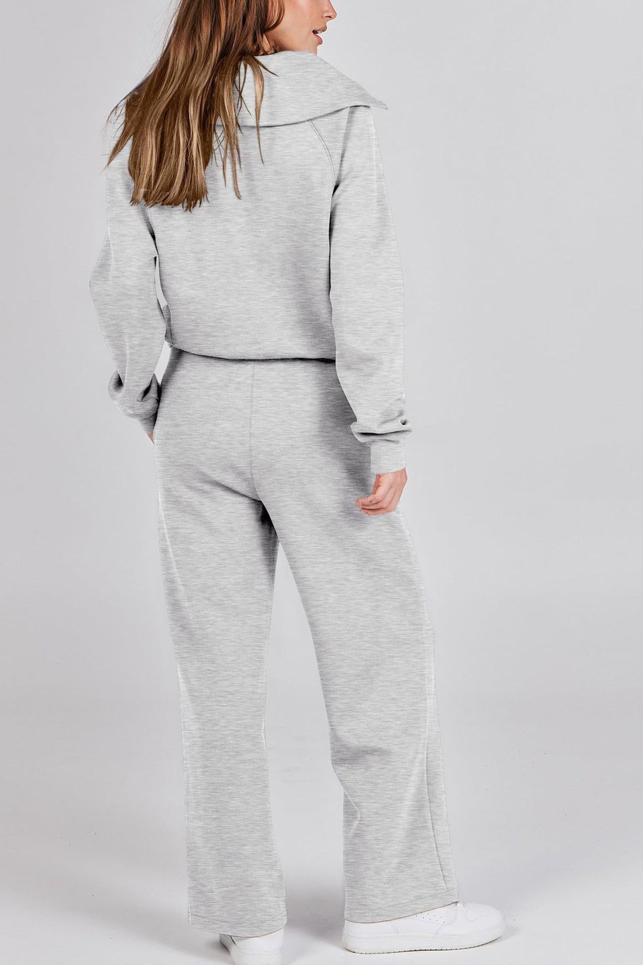 Doris® | Wide leg long pants set with lapel zip sweatshirt
