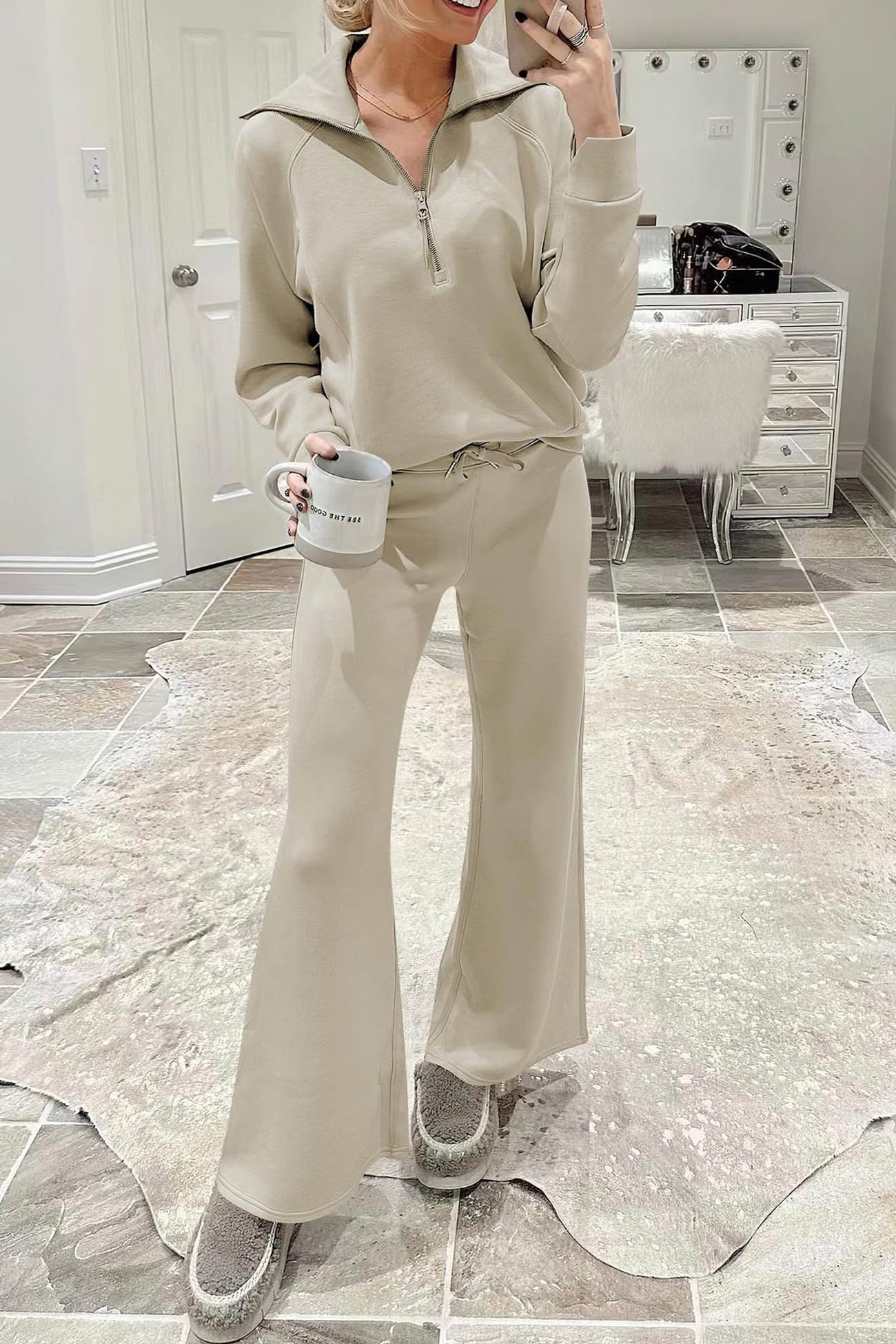 Doris® | Wide leg long pants set with lapel zip sweatshirt