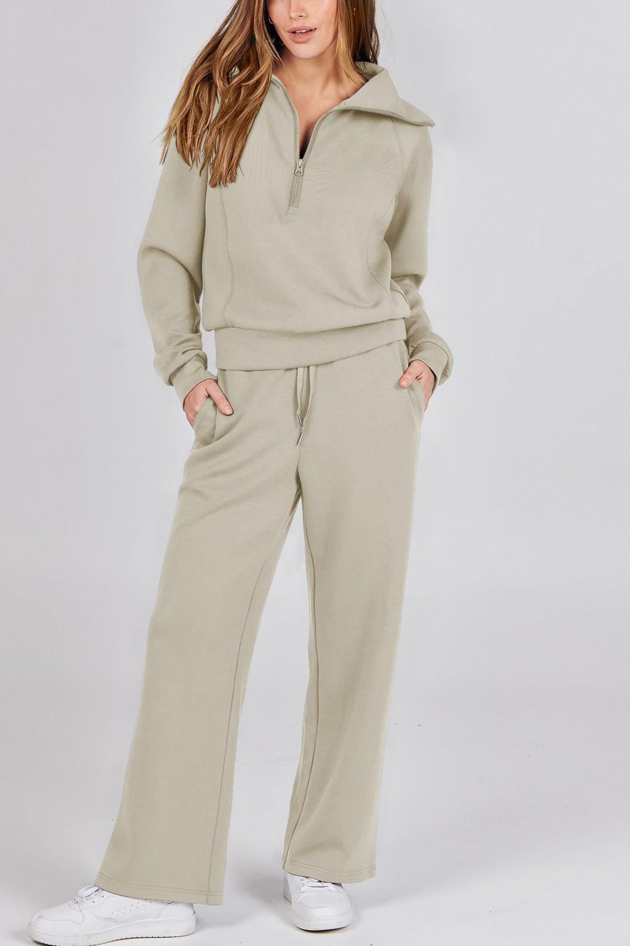 Doris® | Wide leg long pants set with lapel zip sweatshirt