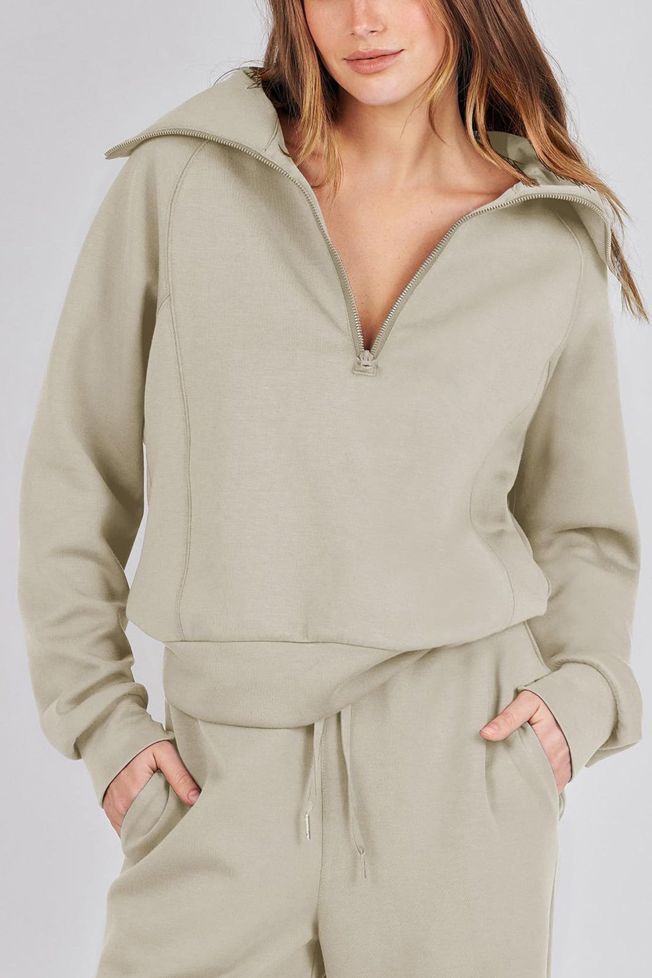 Doris® | Wide leg long pants set with lapel zip sweatshirt