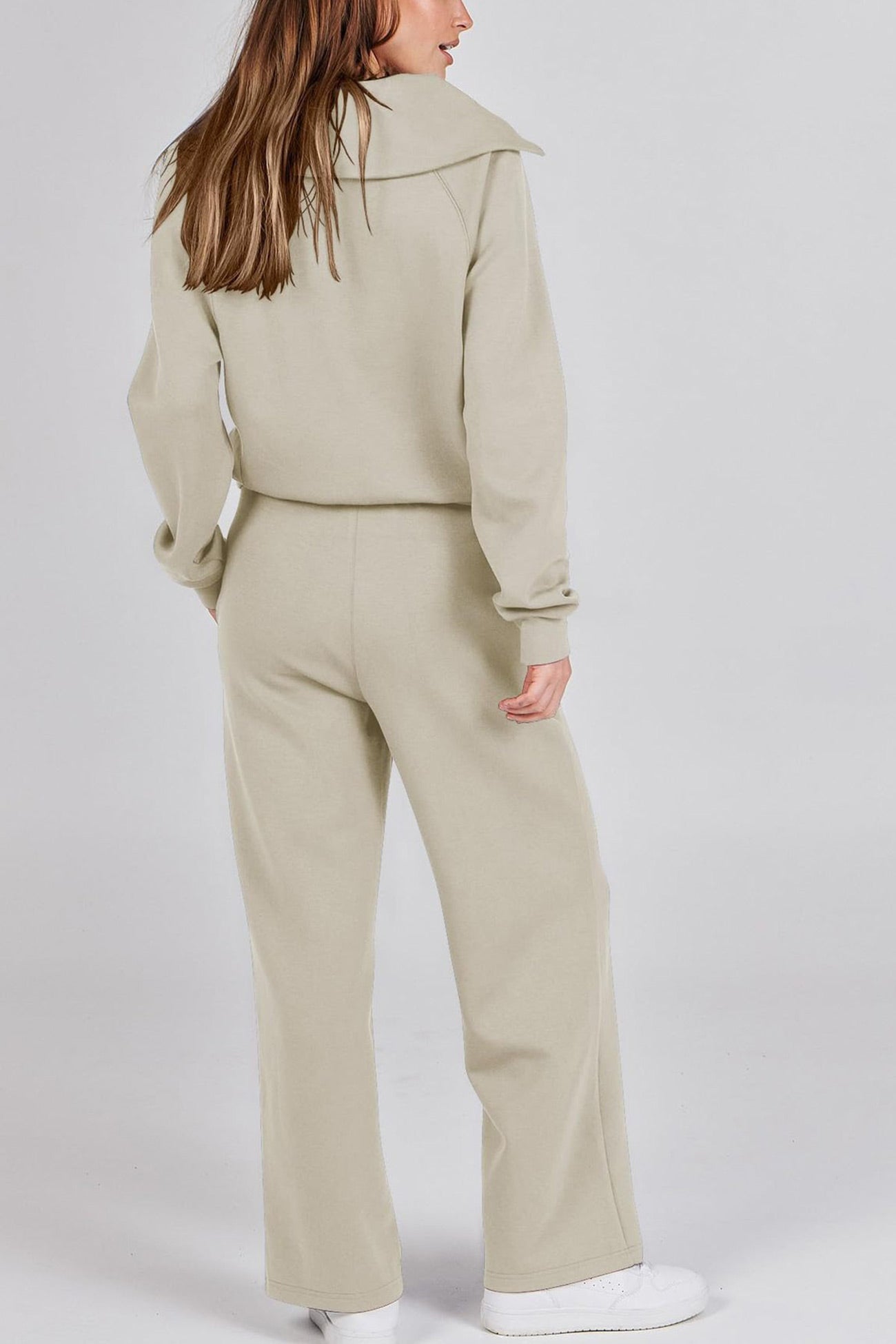 Doris® | Wide leg long pants set with lapel zip sweatshirt