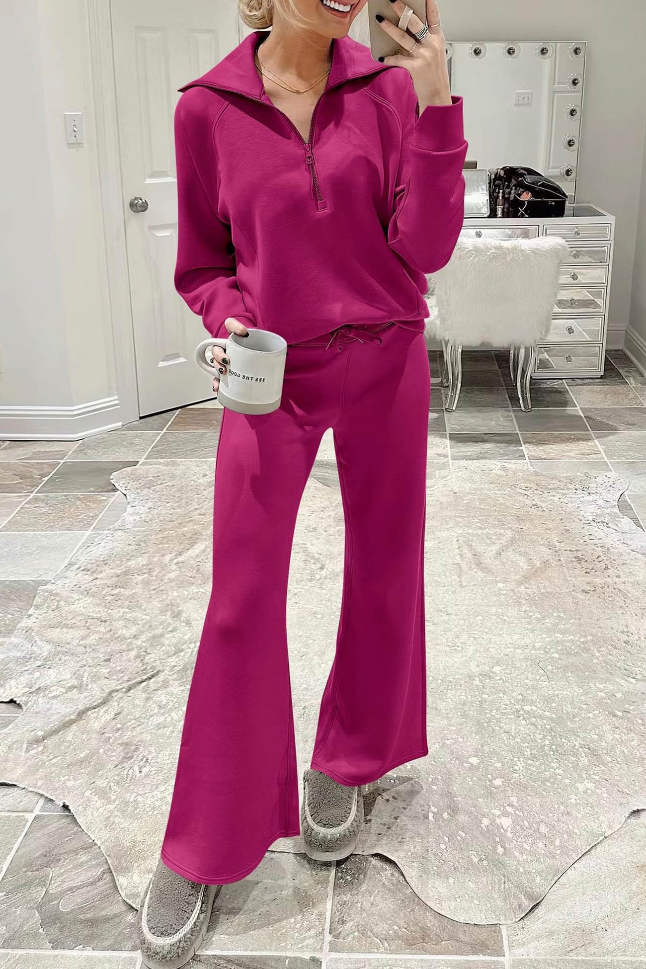 Doris® | Wide leg long pants set with lapel zip sweatshirt