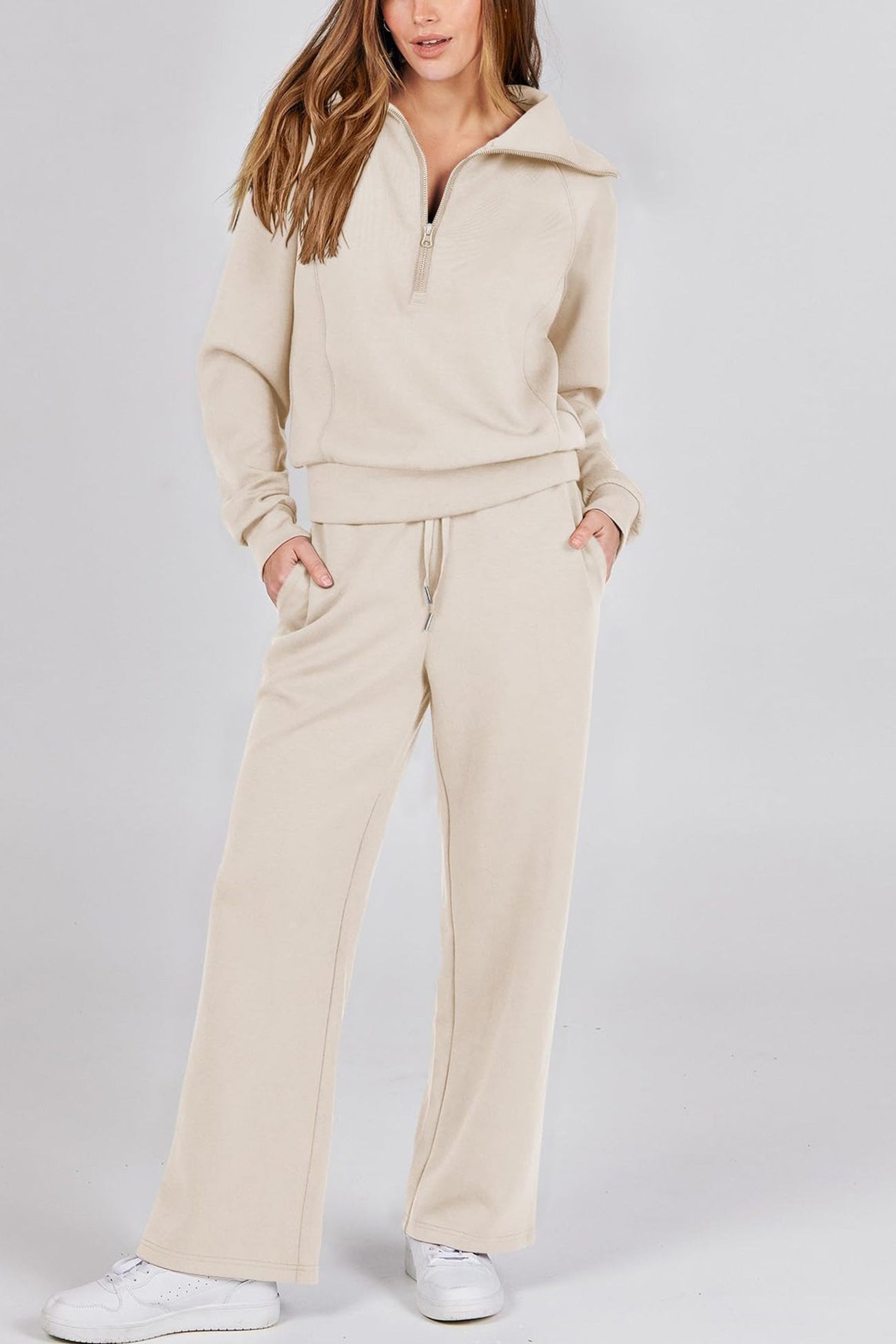Doris® | Wide leg long pants set with lapel zip sweatshirt