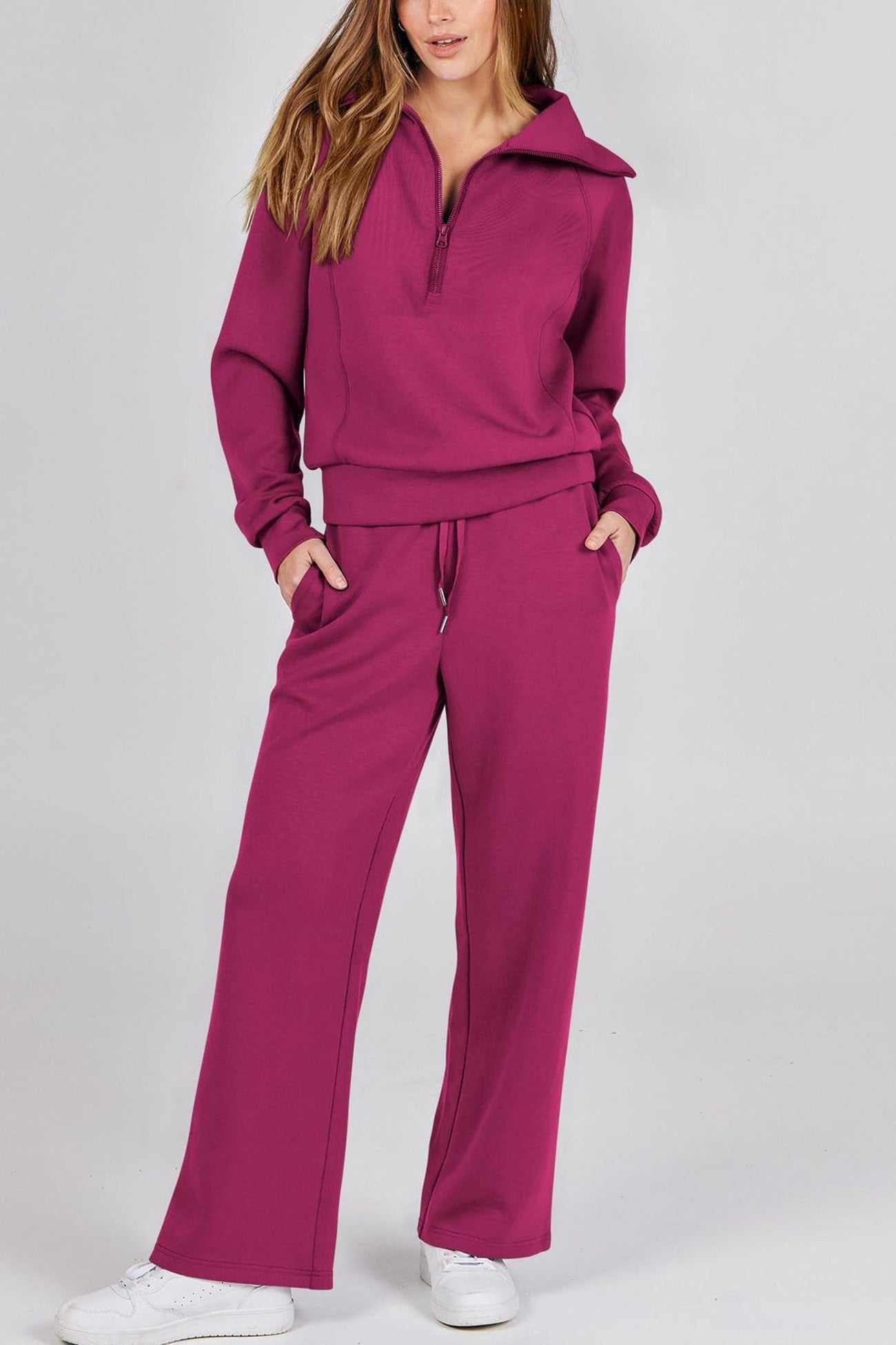 Doris® | Wide leg long pants set with lapel zip sweatshirt