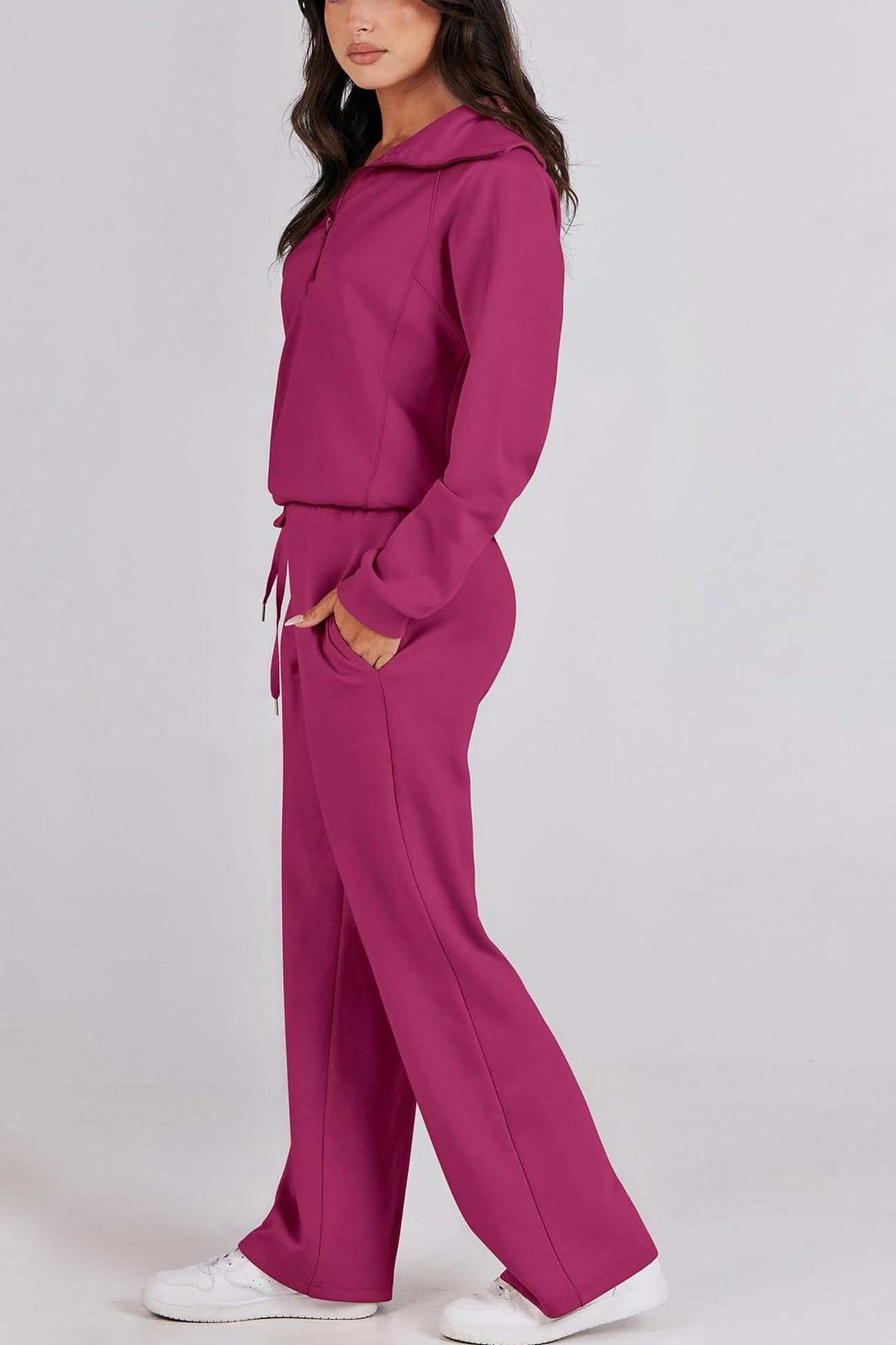 Doris® | Wide leg long pants set with lapel zip sweatshirt