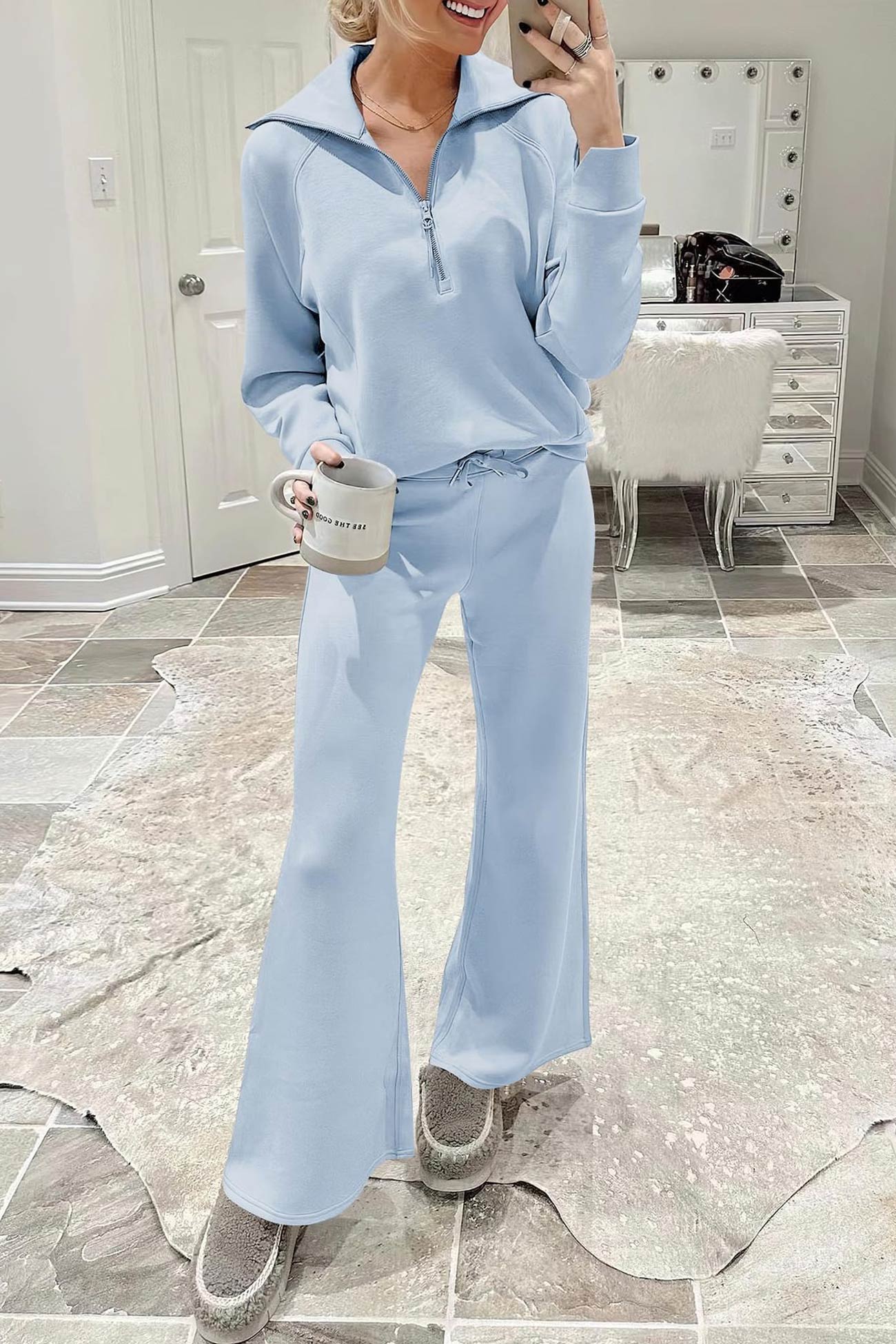 Doris® | Wide leg long pants set with lapel zip sweatshirt