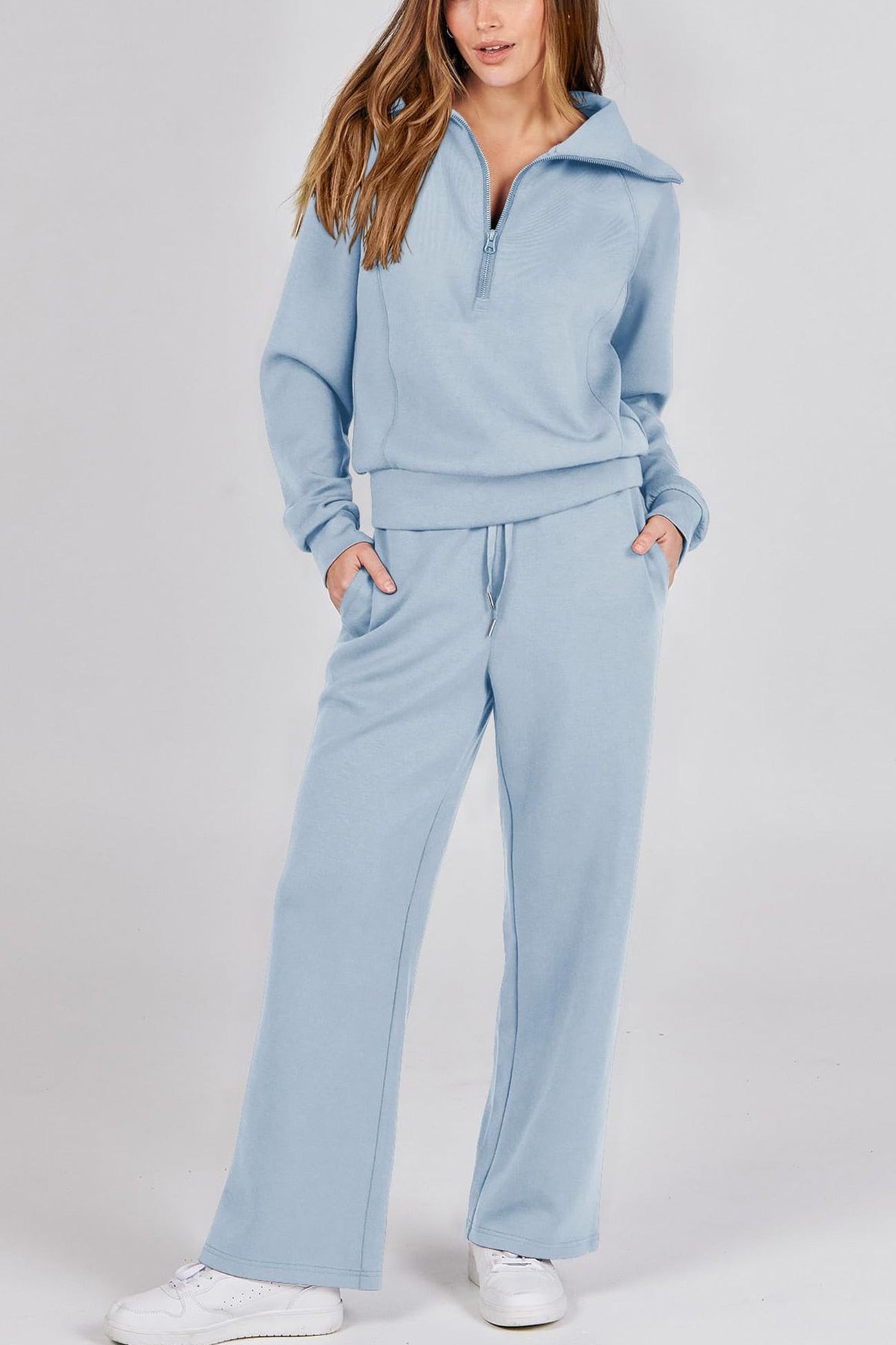 Doris® | Wide leg long pants set with lapel zip sweatshirt