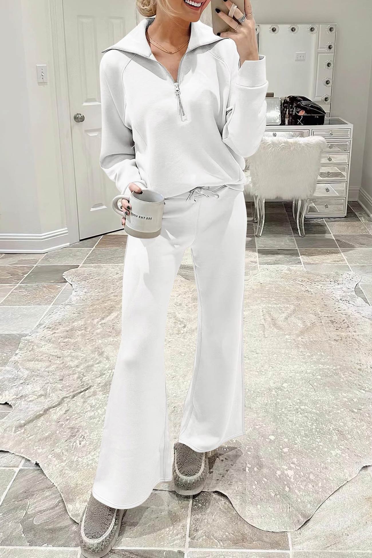 Doris® | Wide leg long pants set with lapel zip sweatshirt