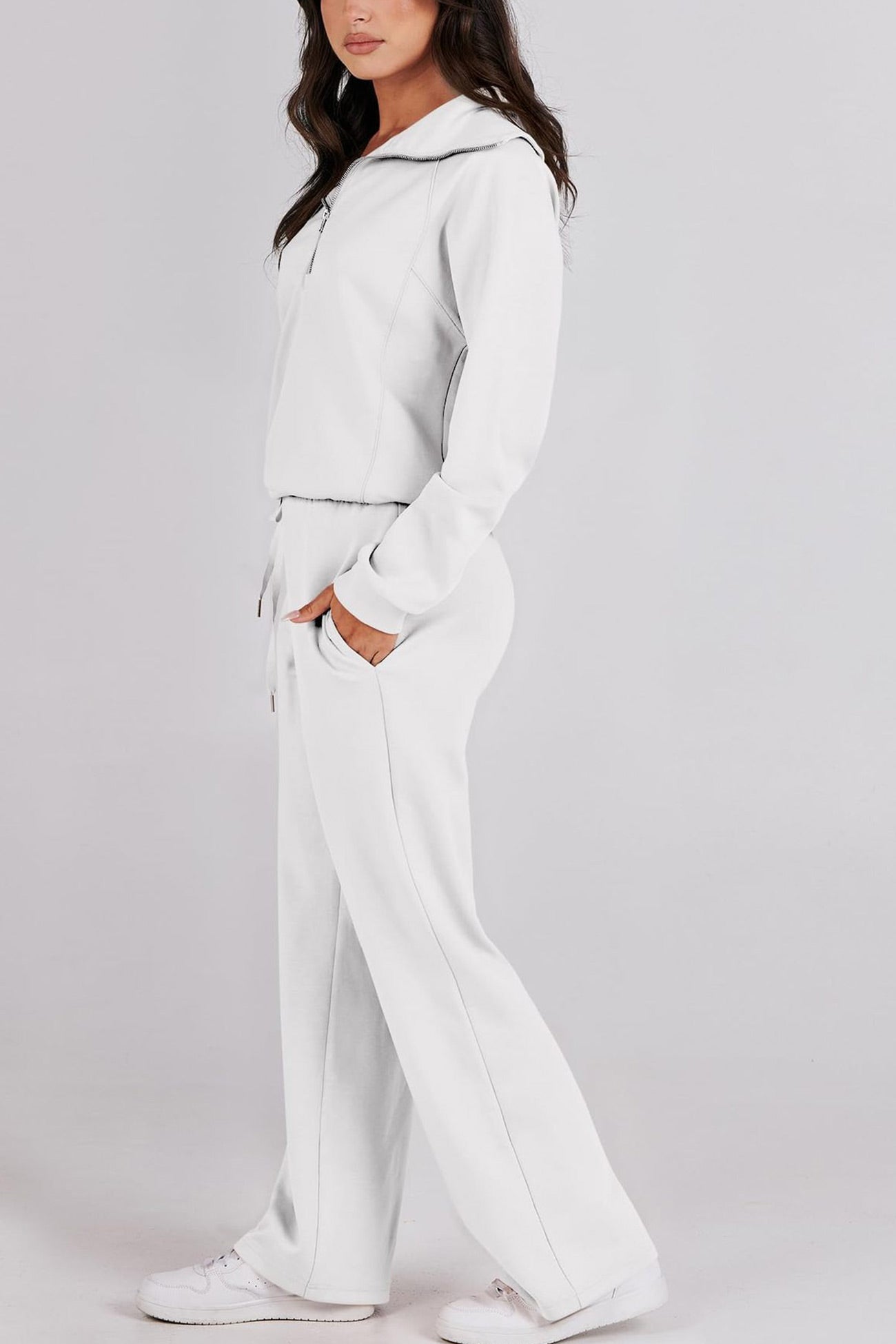 Doris® | Wide leg long pants set with lapel zip sweatshirt