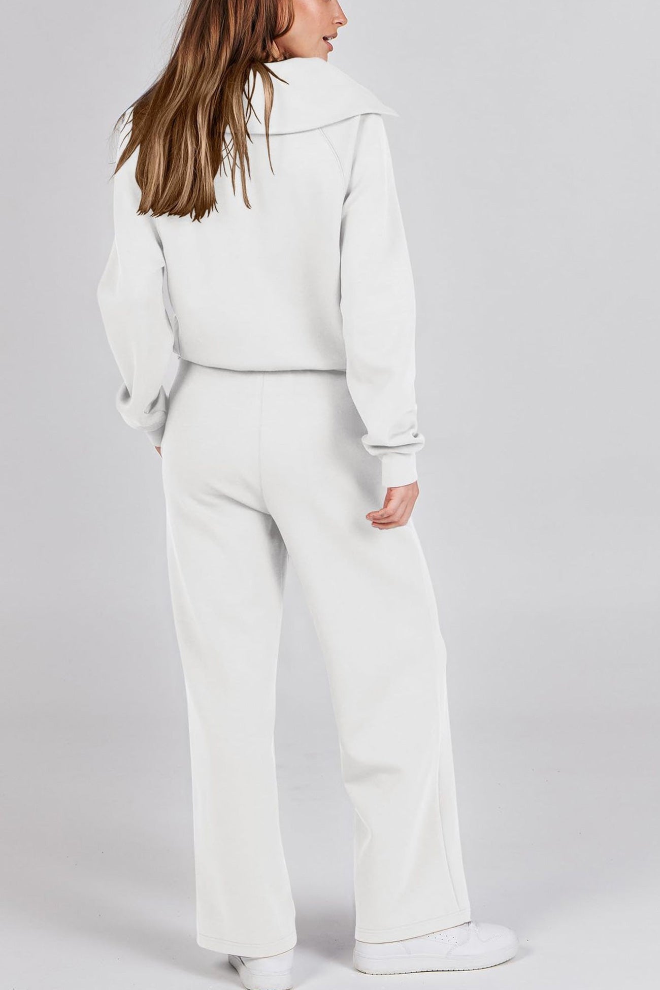 Doris® | Wide leg long pants set with lapel zip sweatshirt