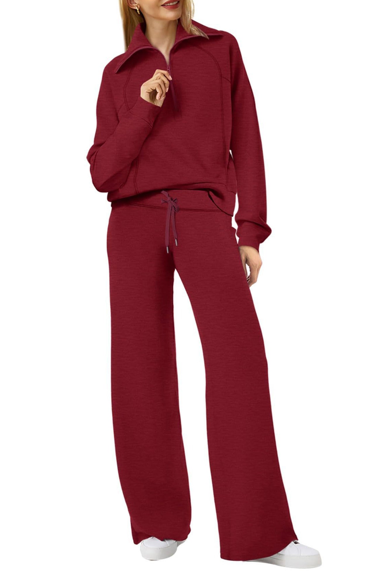 Doris® | Wide leg long pants set with lapel zip sweatshirt