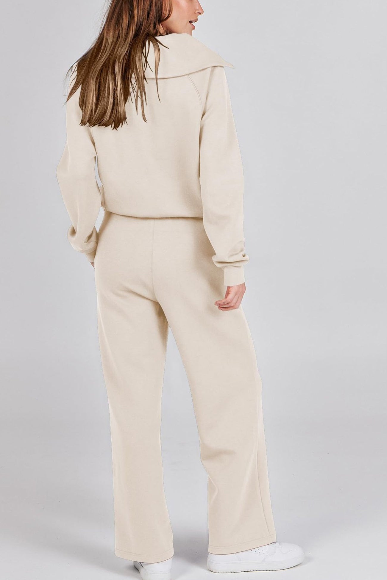 Doris® | Wide leg long pants set with lapel zip sweatshirt