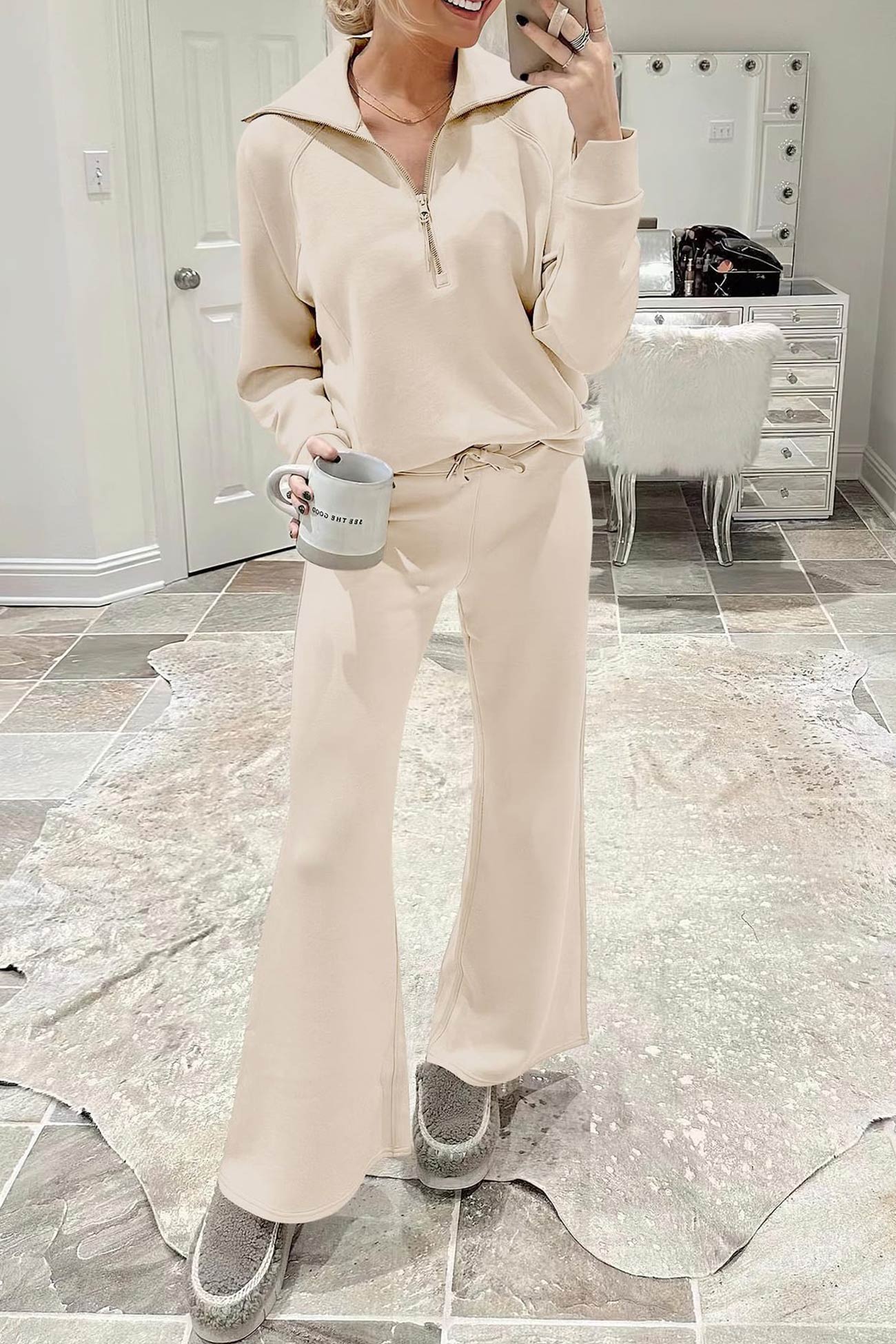 Doris® | Wide leg long pants set with lapel zip sweatshirt