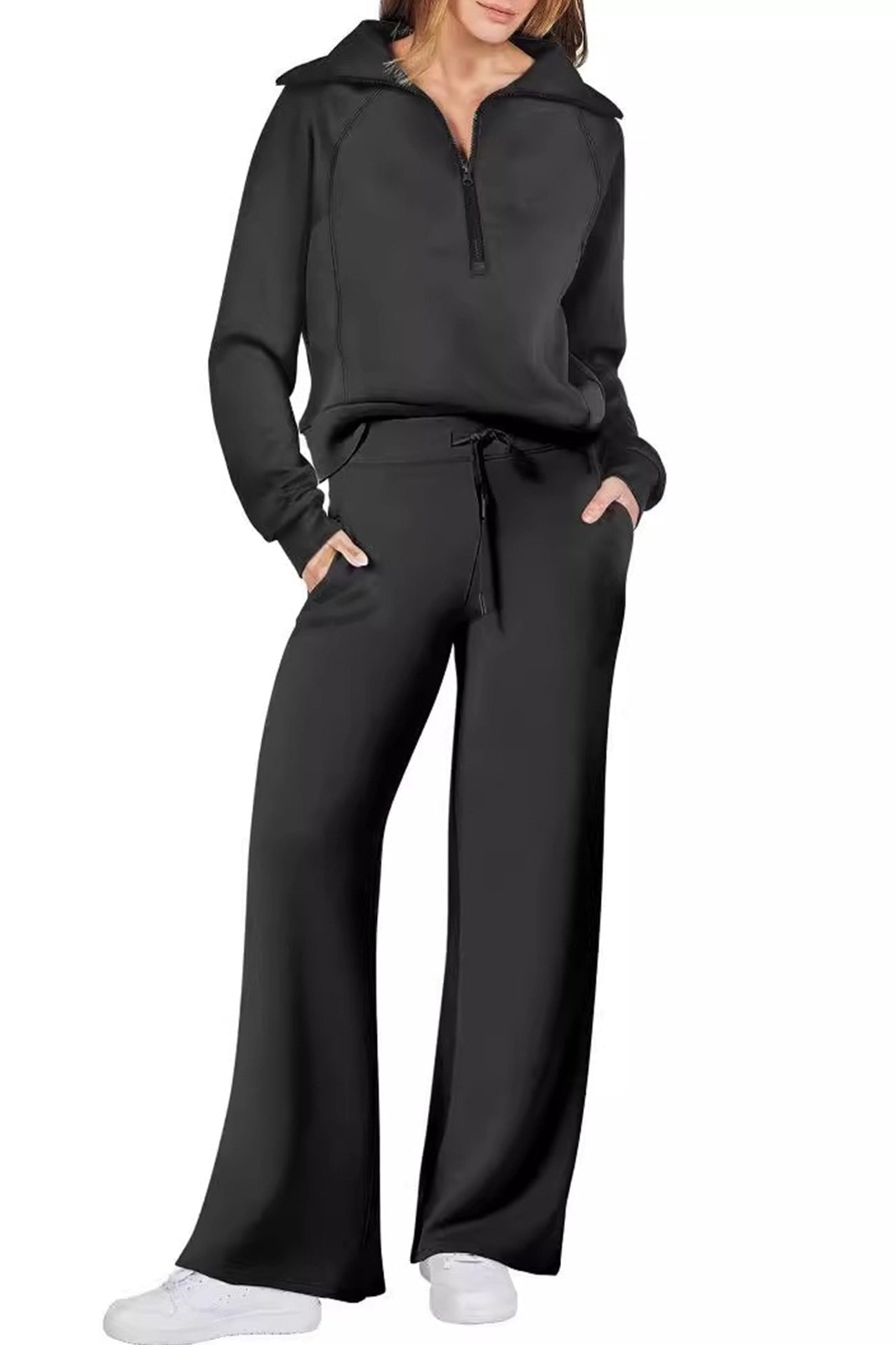Doris® | Wide leg long pants set with lapel zip sweatshirt