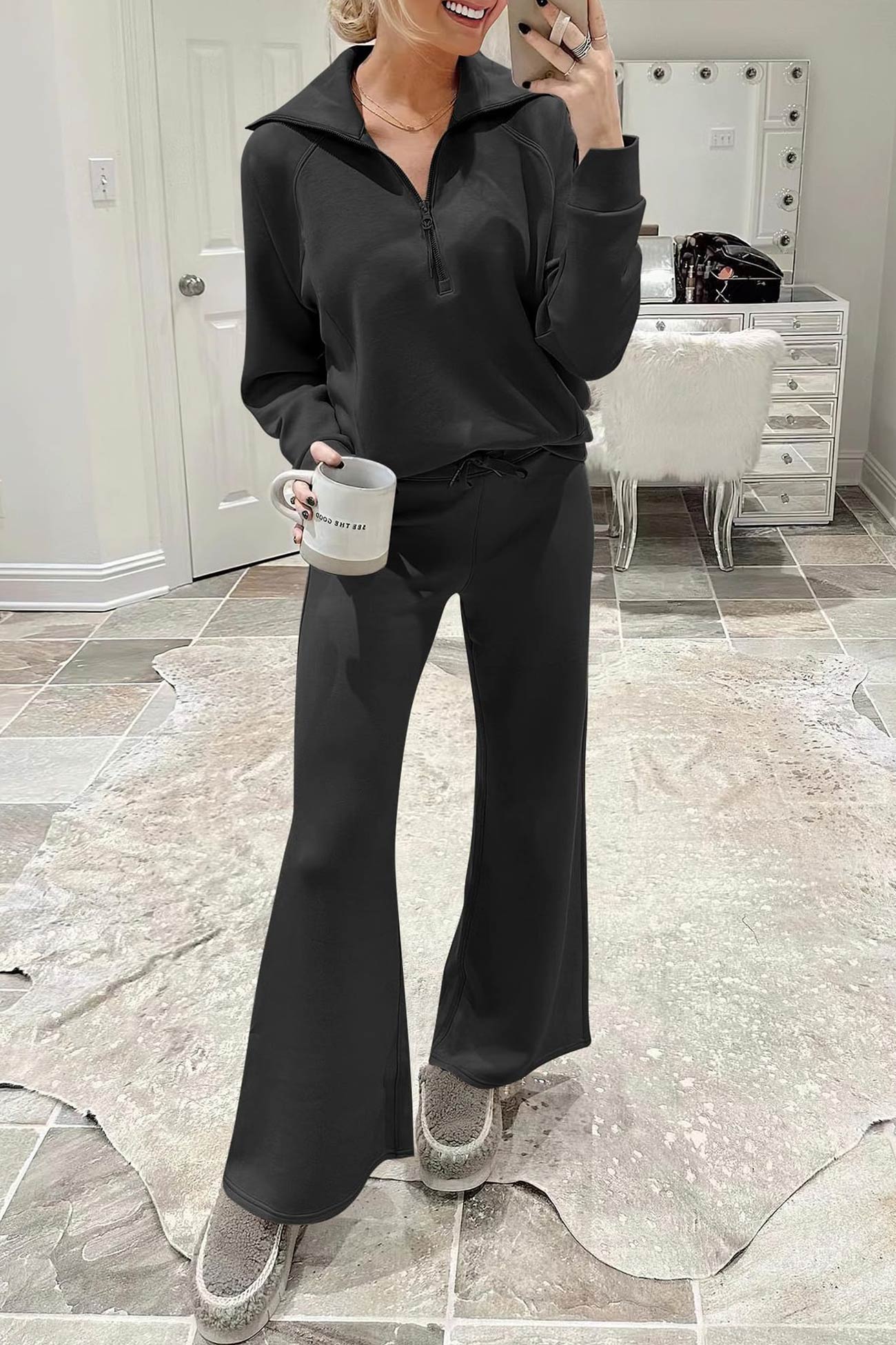 Doris® | Wide leg long pants set with lapel zip sweatshirt