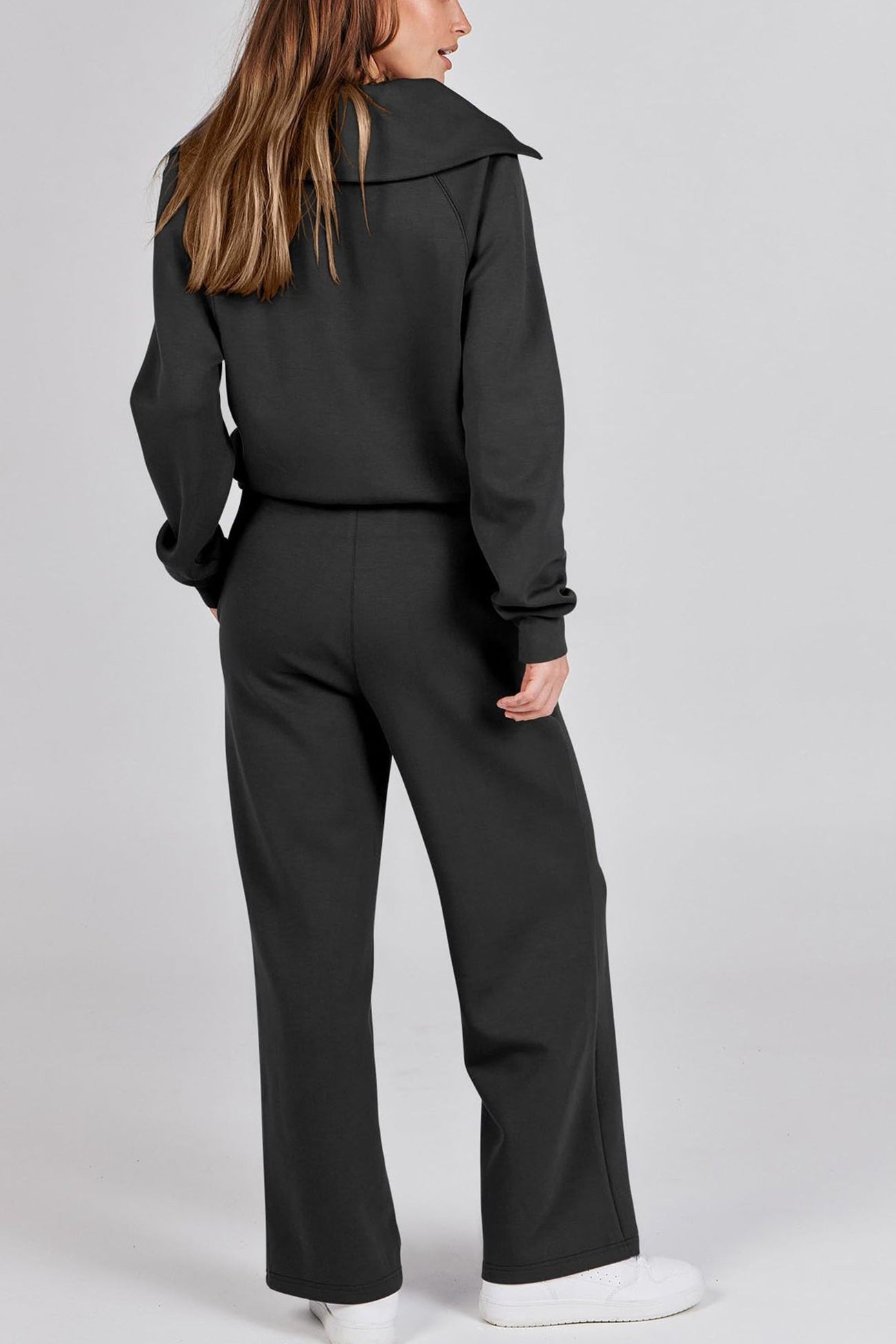 Doris® | Wide leg long pants set with lapel zip sweatshirt