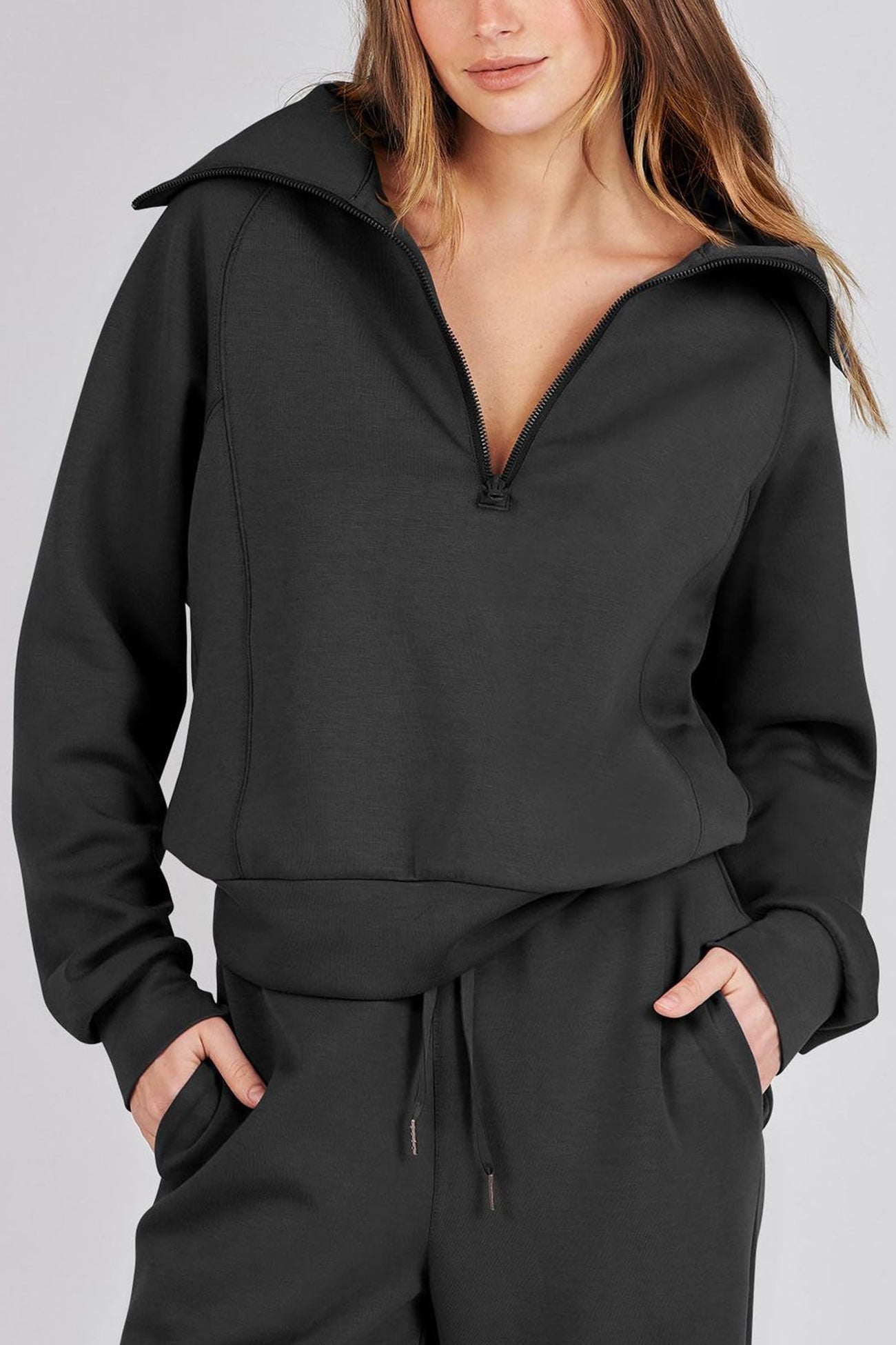 Doris® | Wide leg long pants set with lapel zip sweatshirt