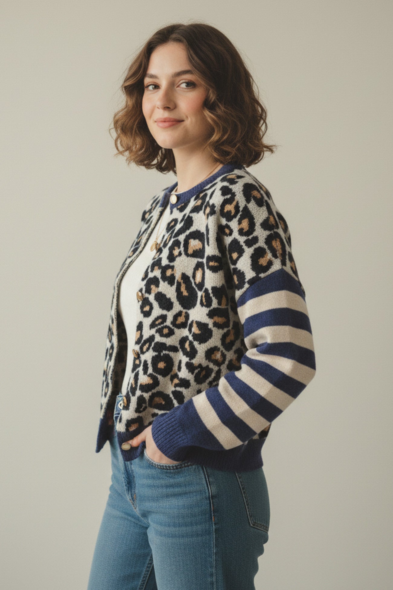 Beatriz® | Leopard Striped Sleeve Patchwork Cardigan