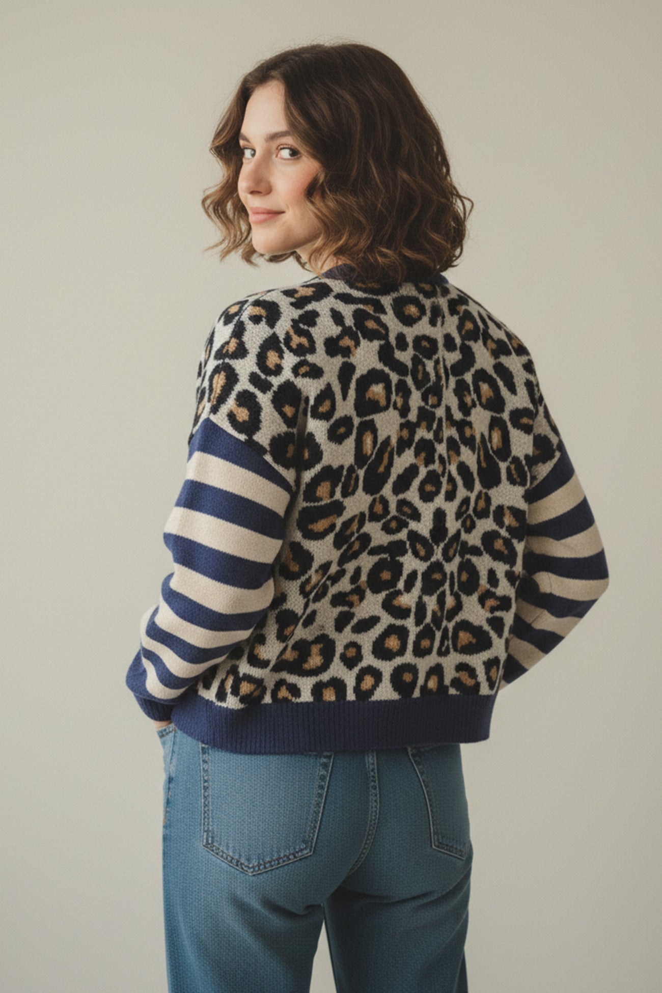 Beatriz® | Leopard Striped Sleeve Patchwork Cardigan