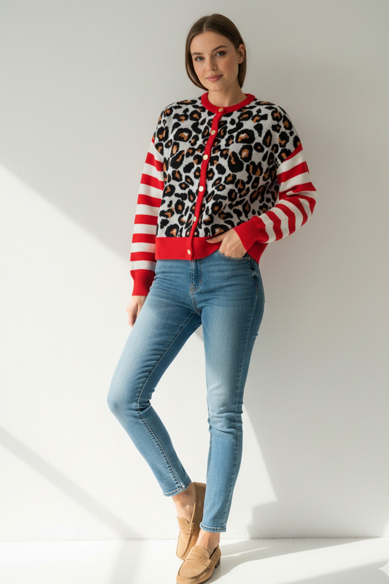 Beatriz® | Leopard Striped Sleeve Patchwork Cardigan