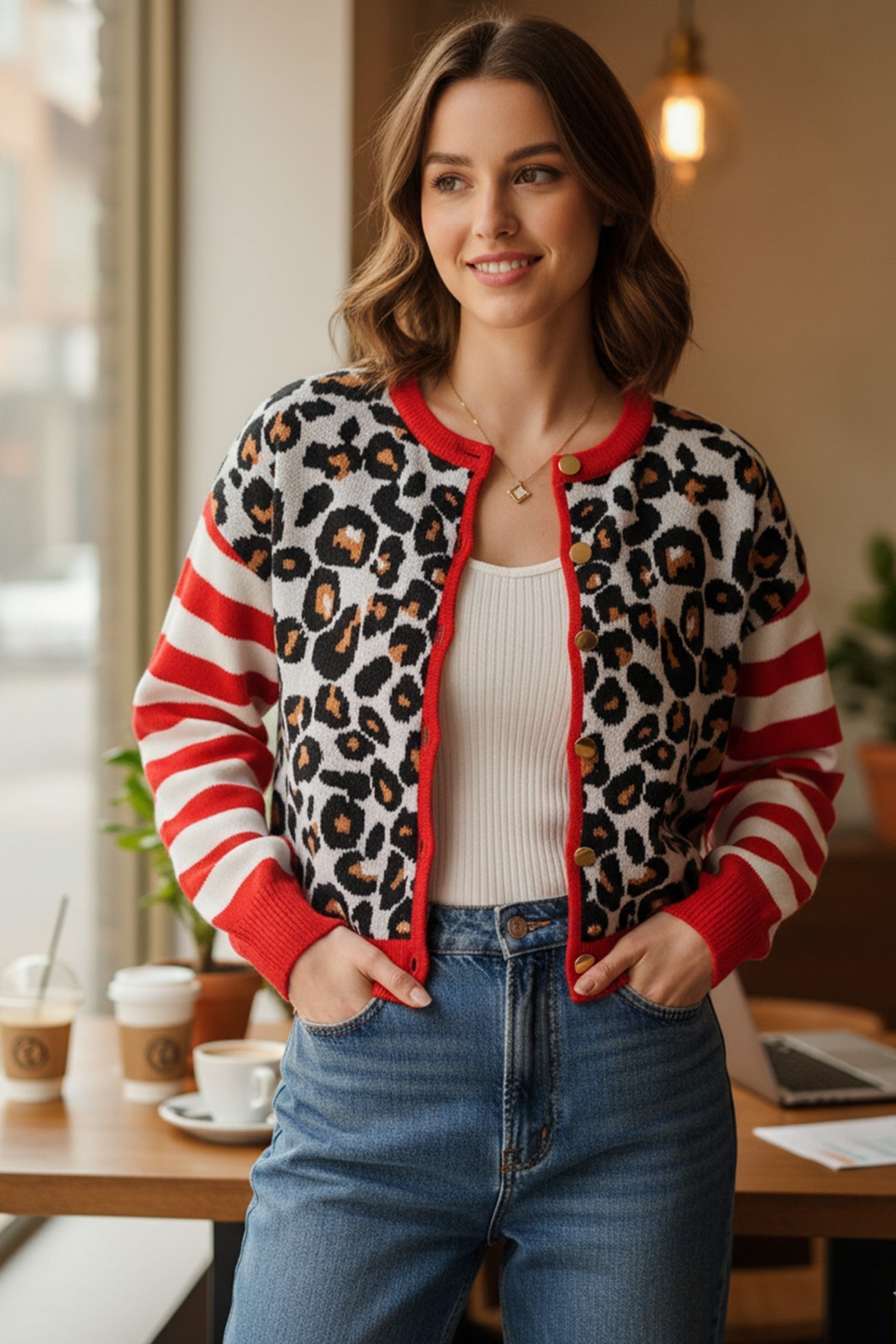 Beatriz® | Leopard Striped Sleeve Patchwork Cardigan
