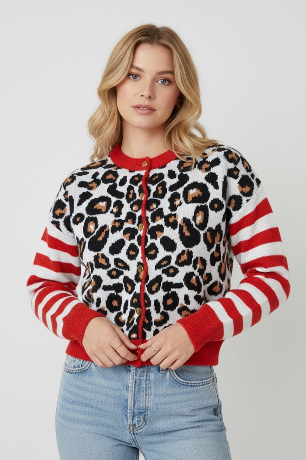 Beatriz® | Leopard Striped Sleeve Patchwork Cardigan