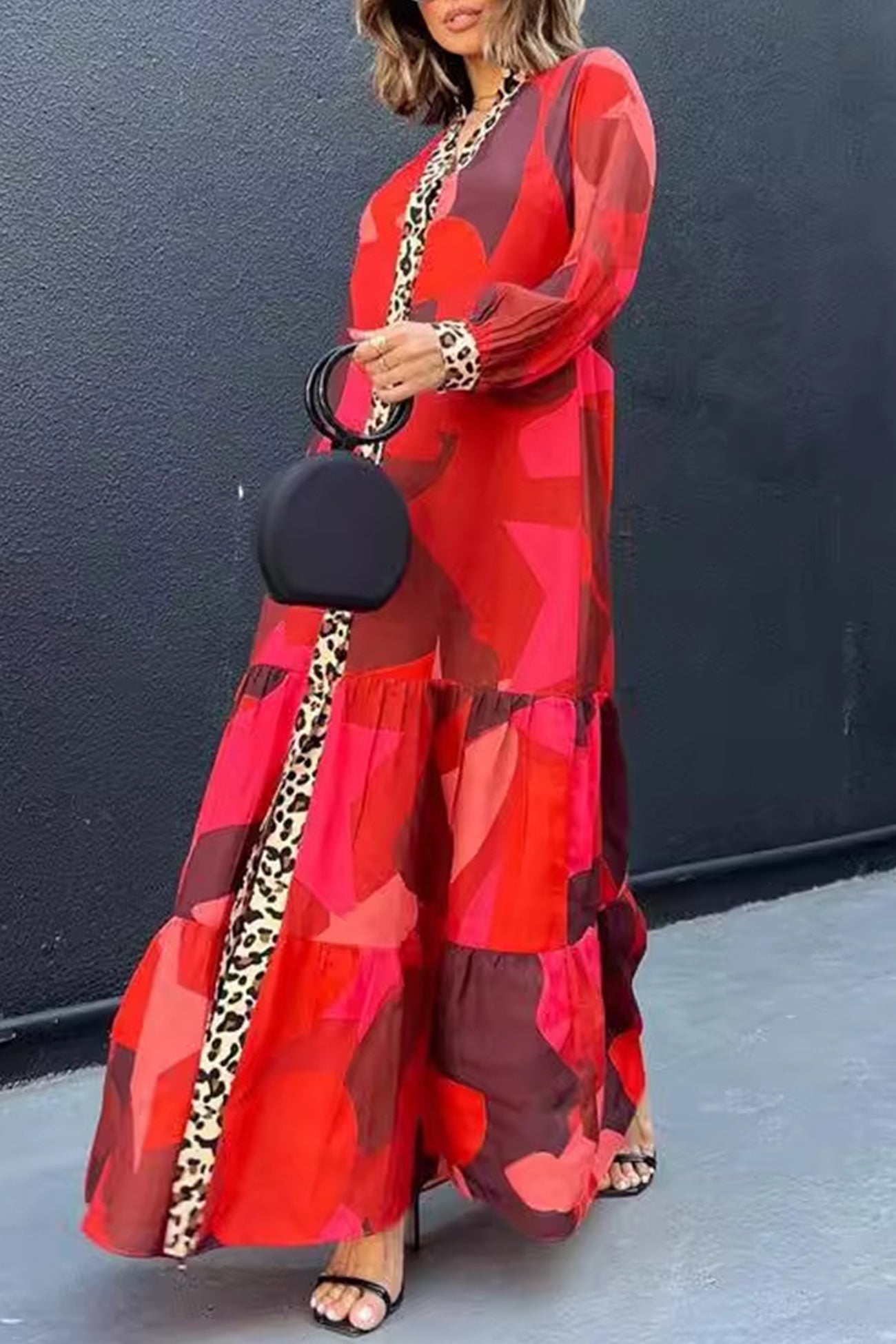 Eliana® | Long dress with leopard patchwork and buttons