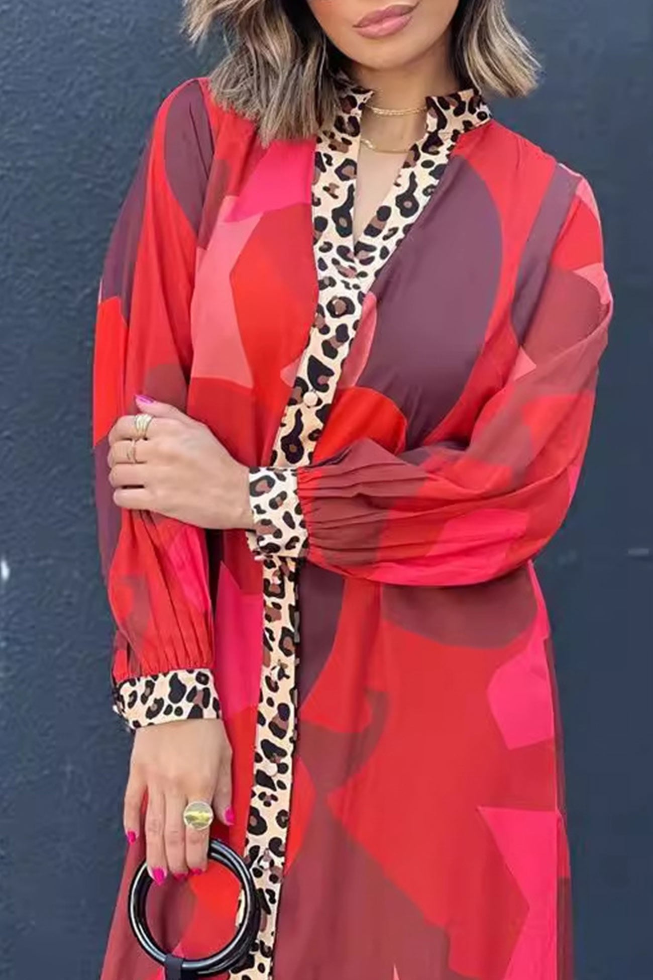 Eliana® | Long dress with leopard patchwork and buttons