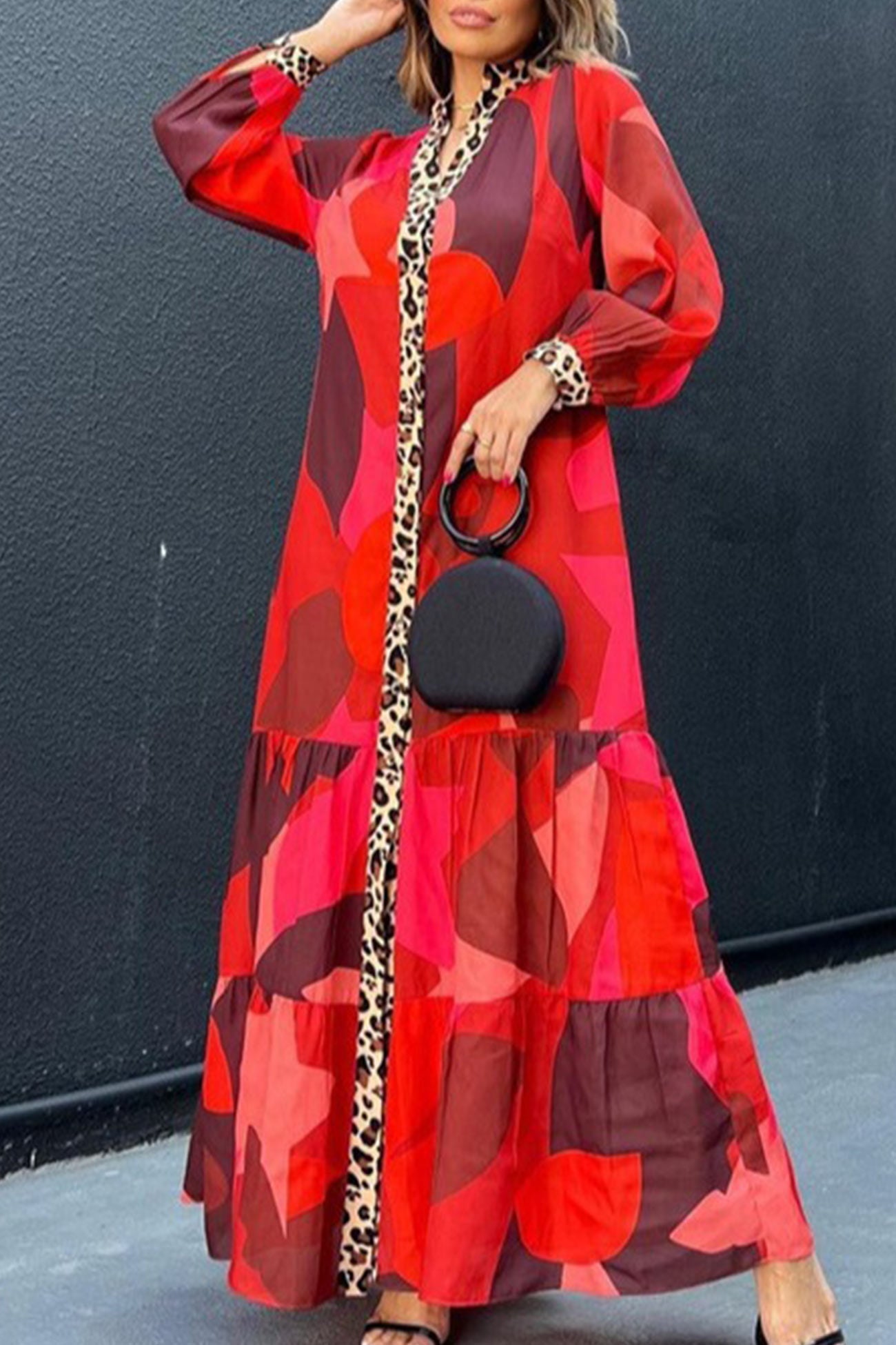 Eliana® | Long dress with leopard patchwork and buttons