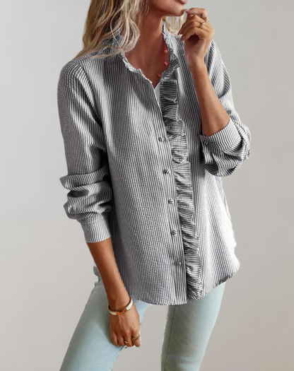 Abelia® | Loose-Fitting Top With Ruffles, Stand-Up Collar, Button Closure And Long Sleeves