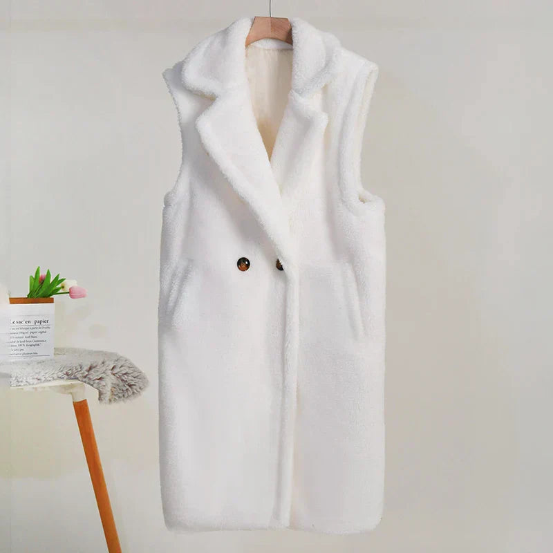 Women’s Sleeveless Coat – Oversized Fit – Plush Teddy Texture – Mid-Length – Wide Lapels